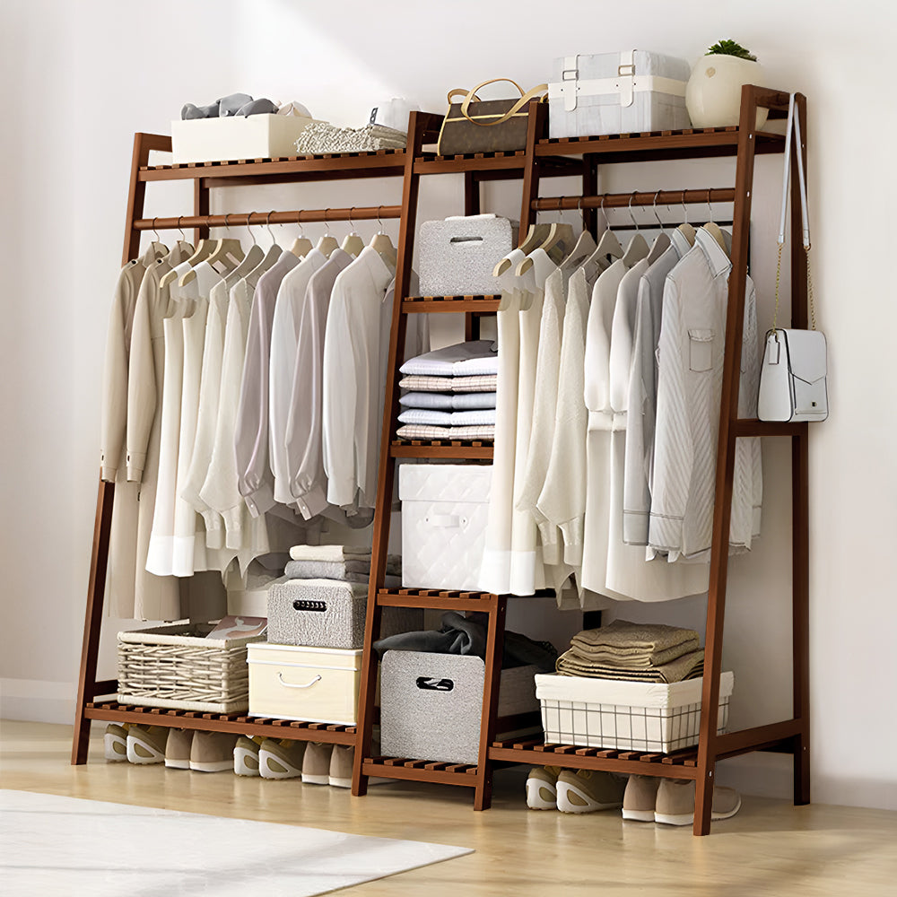 Trapezoid Bamboo Garment Rack With Tiered Storage Shelves | Brown