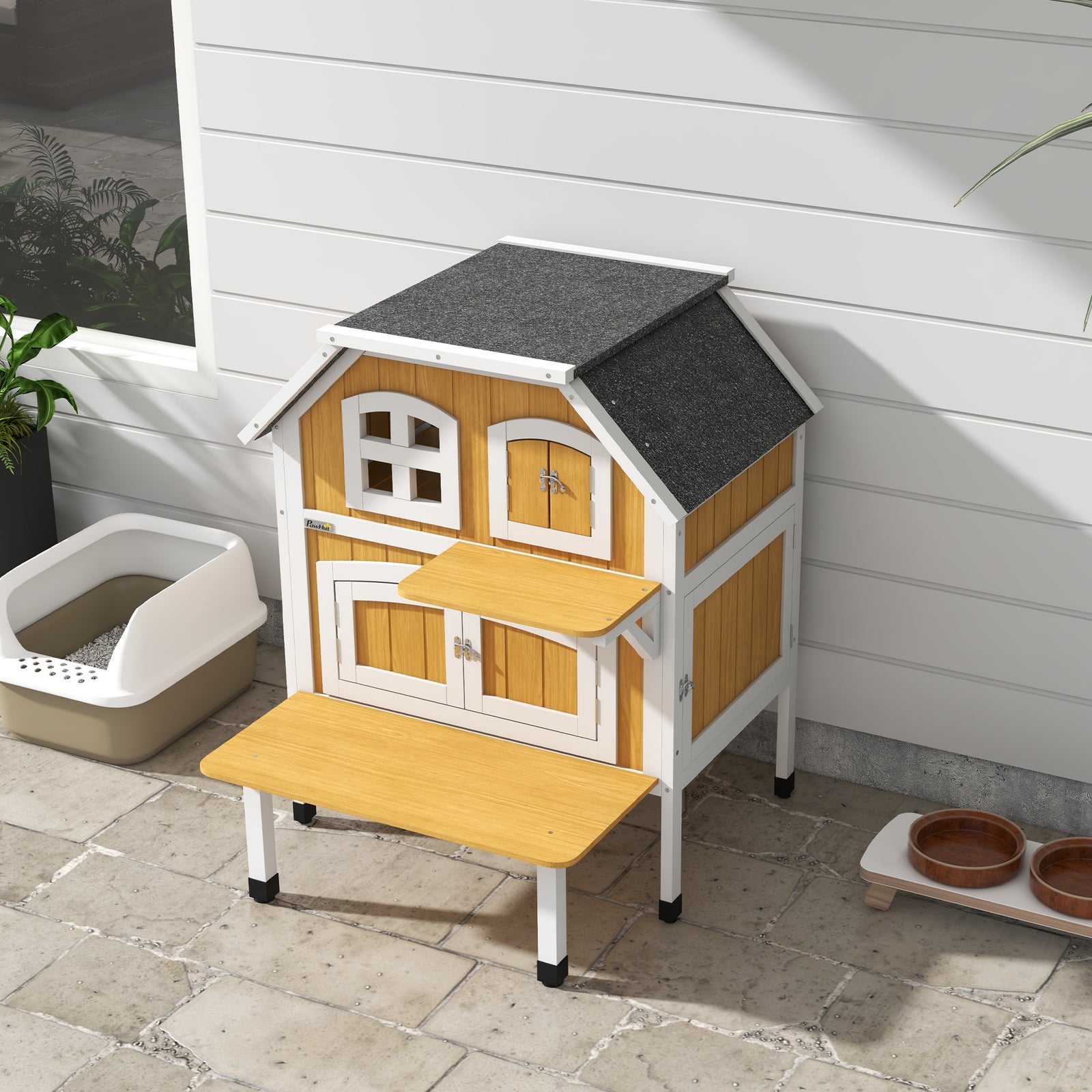 Outdoor Cat House Cat Shelter W/ Openable Asphalt Roof, Escape Doors