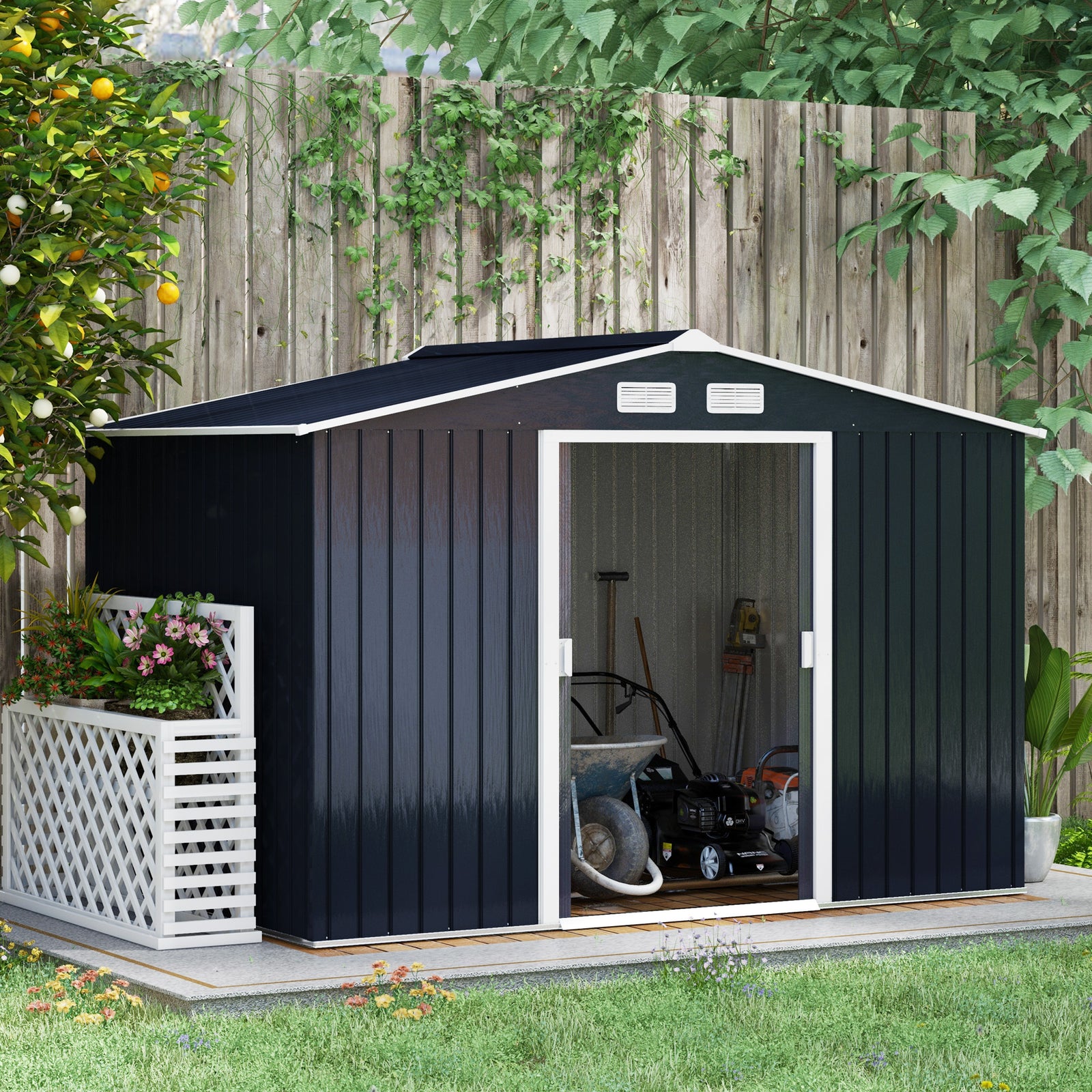 Garden Shed Storage Unit With Locking Door Floor Foundation | Medium | Dark Gray