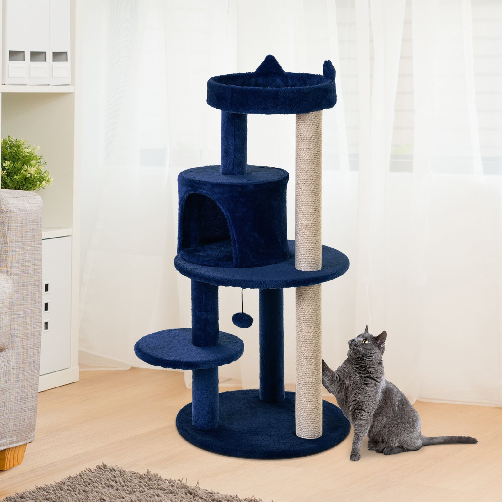 4 Tiers 104cm Cat Tree W/ Scratching Posts Perches  Hanging Ball | Royal Blue