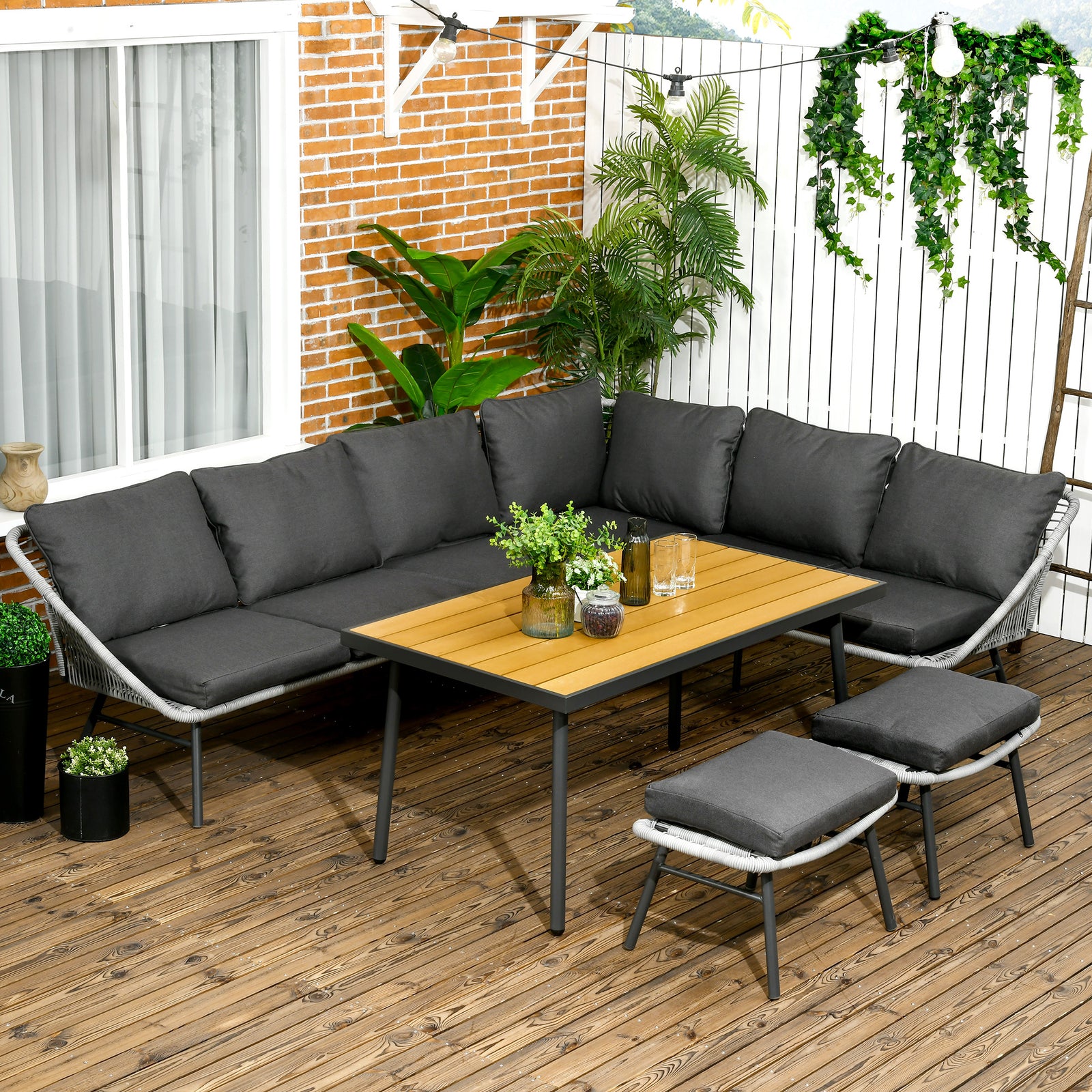 6 Seater Rattan Set W/ Sofa, Footstool, Table, Cushions