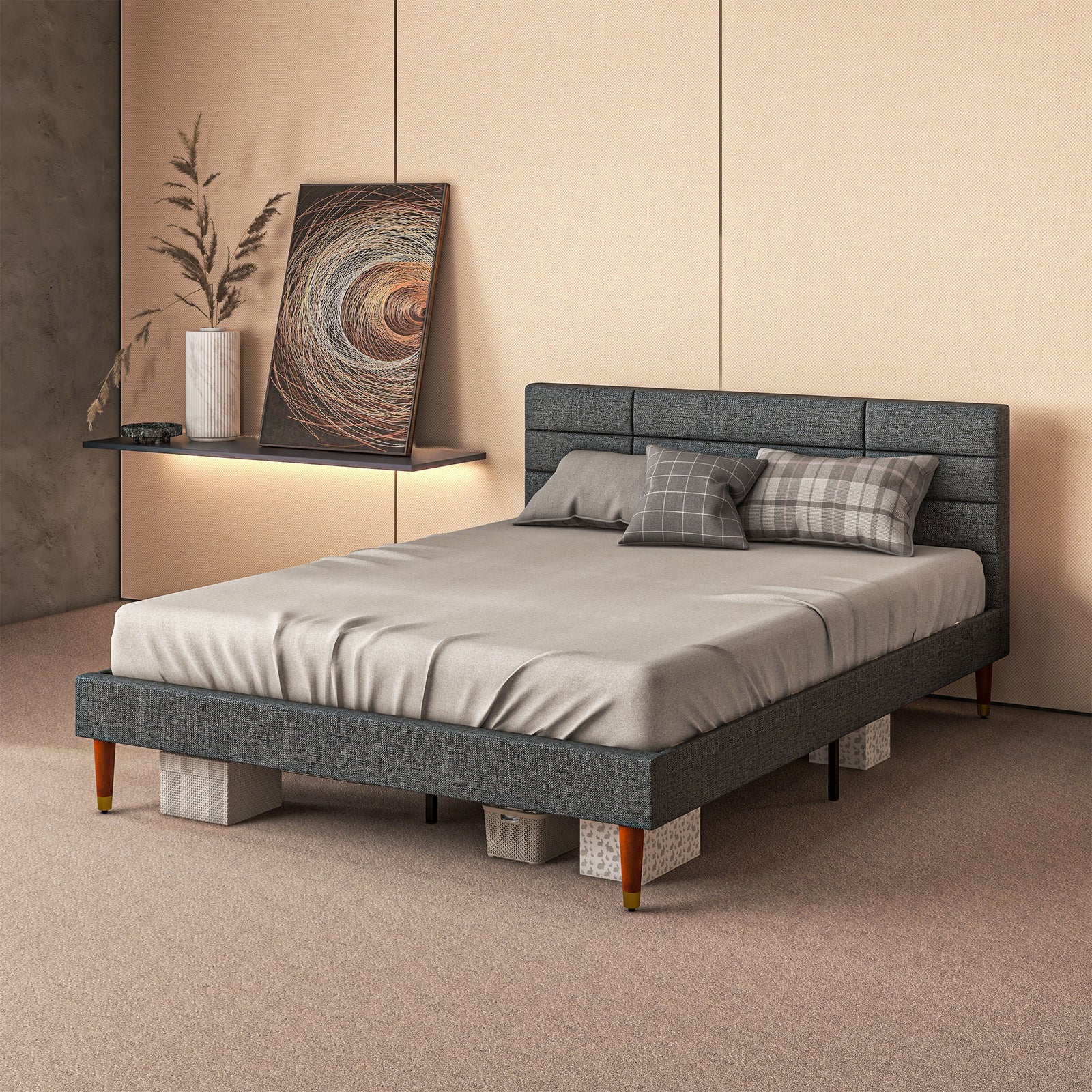 Single/double/king Upholstered Bed Frame With Wooden Slat | King
