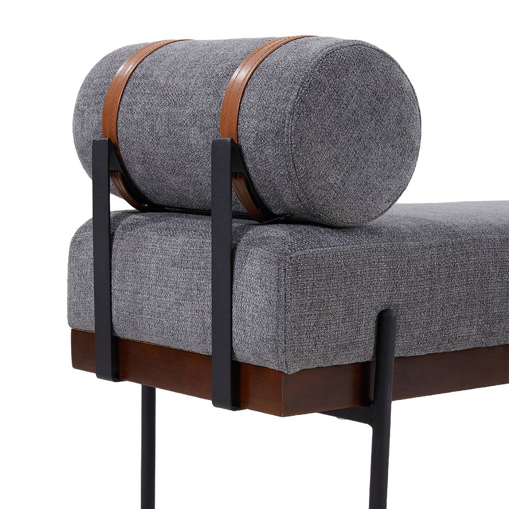 Modern Upholstered Bench With Bolster Pillow, Fine Linen Fabric Bedroom Bench With Metal Legs For End Of Bed | Dark Grey