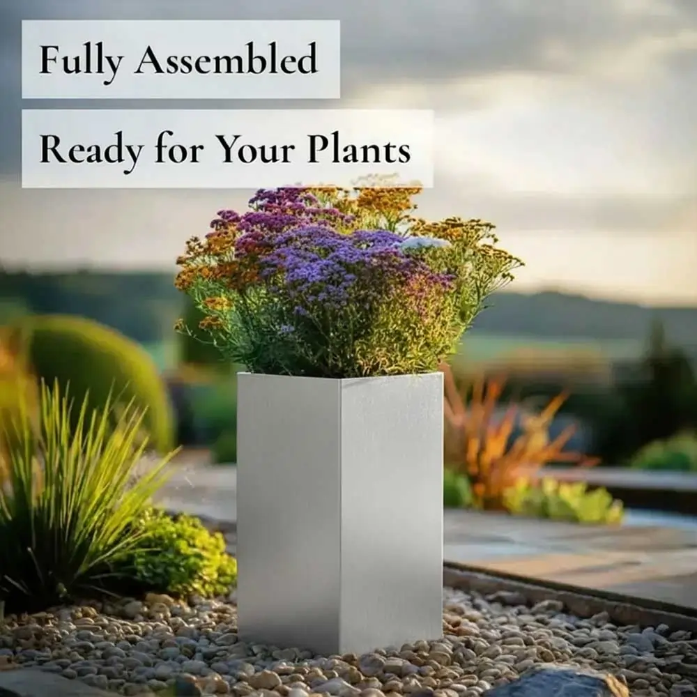 Zinc Galvanised Tall Square Planter | 25cm x 25cm x 50cm | Silver
