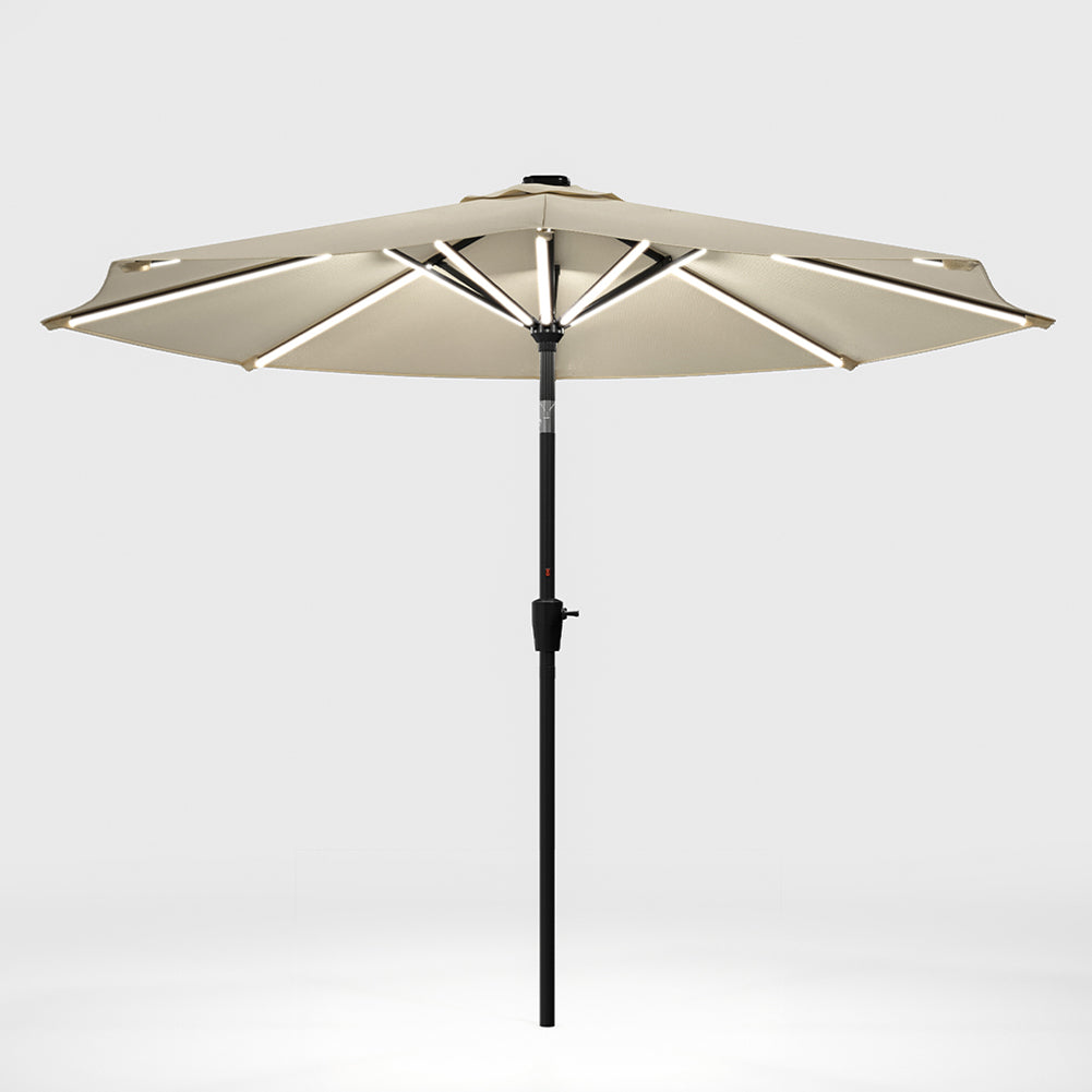 3m Solar Led Patio Umbrella, Outdoor Parasol With 16 Led Tubes, Crank Lift & Push Button Tilt Without Base | One Size | Beige
