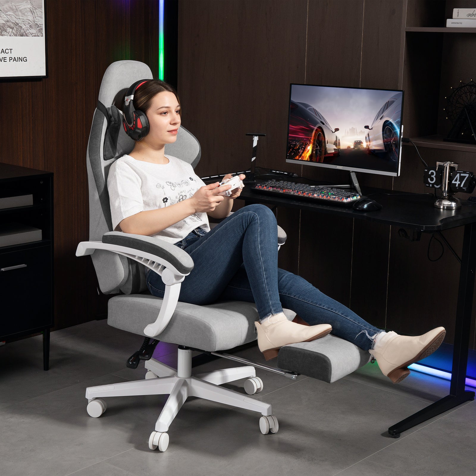 Printed Velvet Computer Recliner Chair With Adjustable Height, Grey