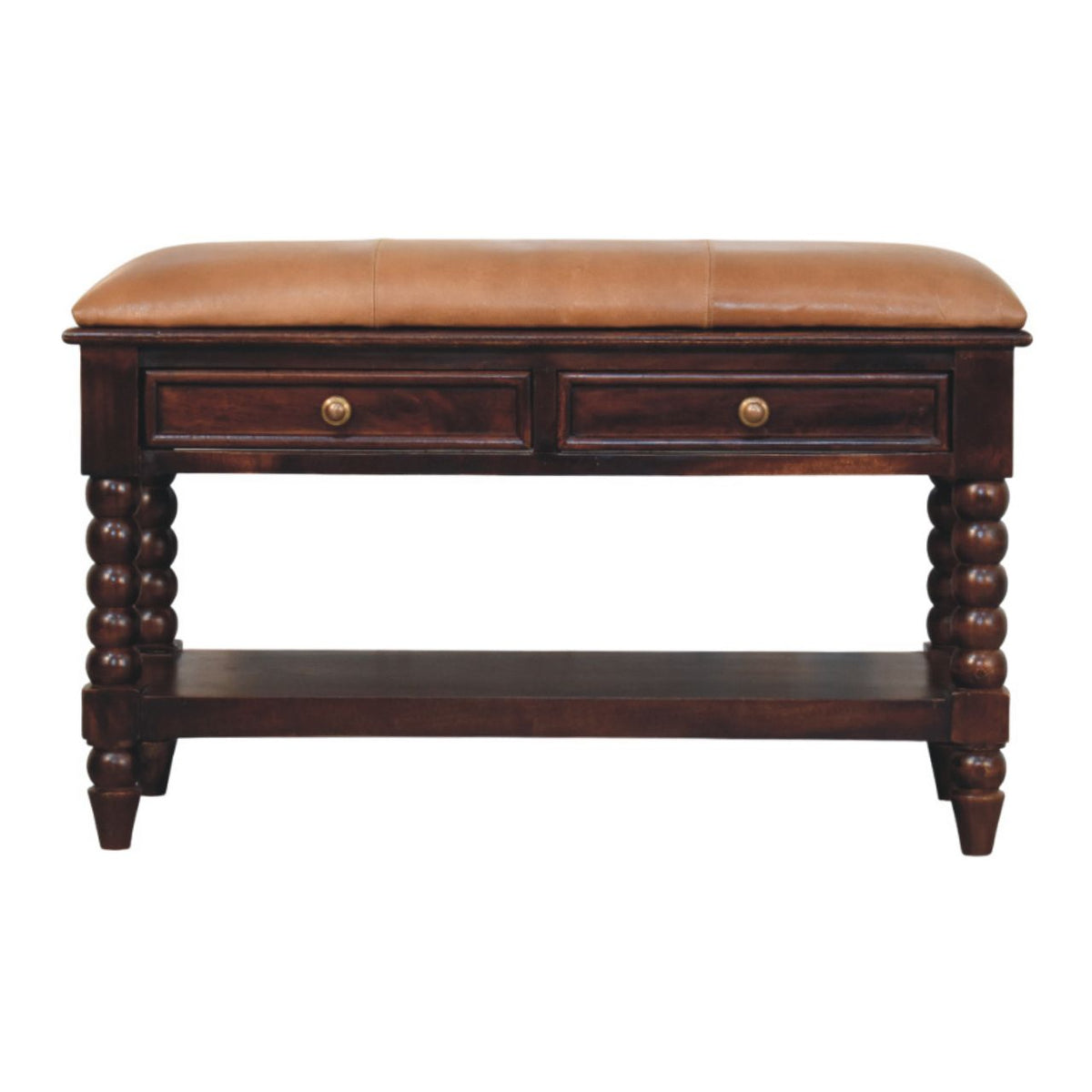 Solid Wood Spindle Winewood Leather Bench