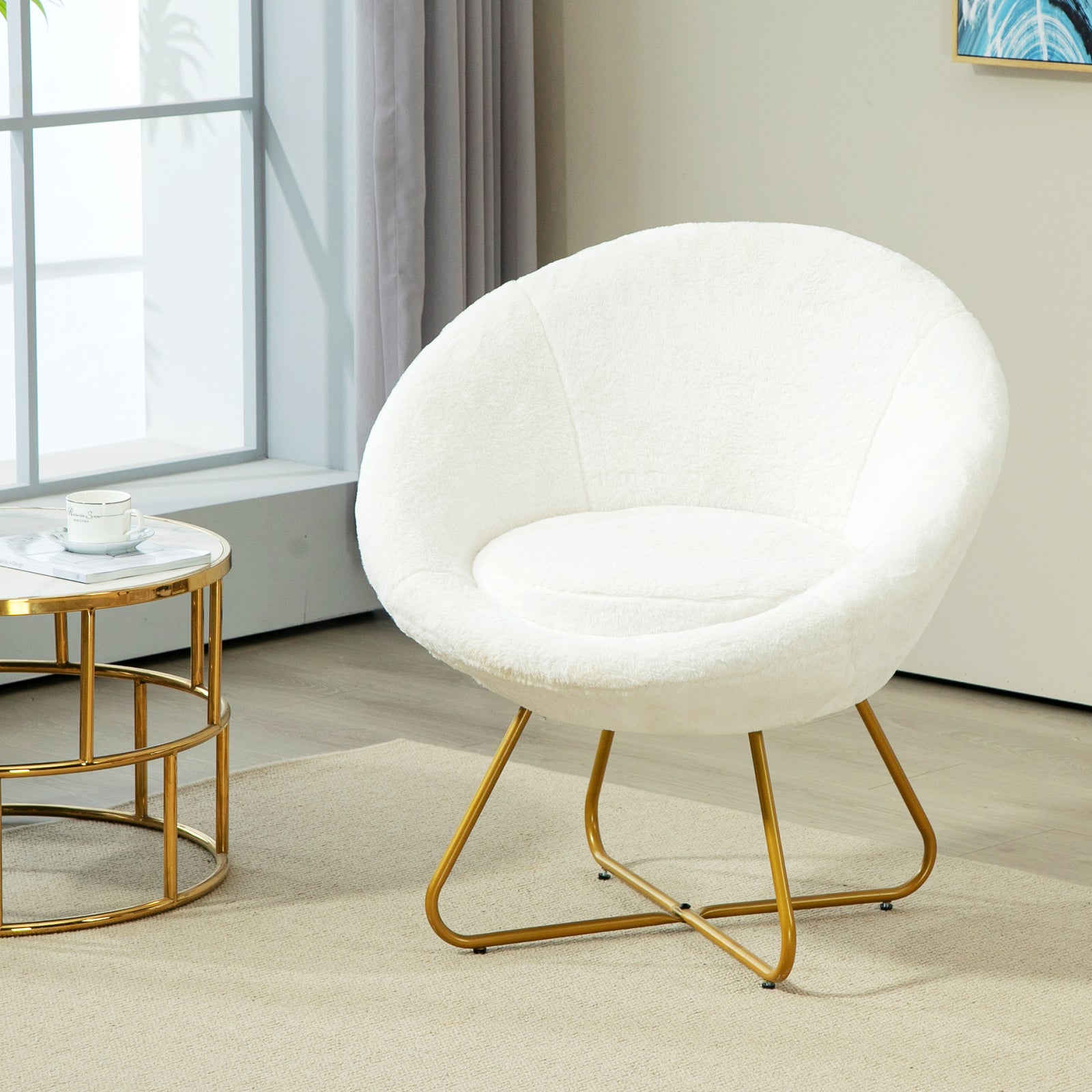 Faux Fur Comfy Chair With Golden Metal Legs Non-slip Footpad