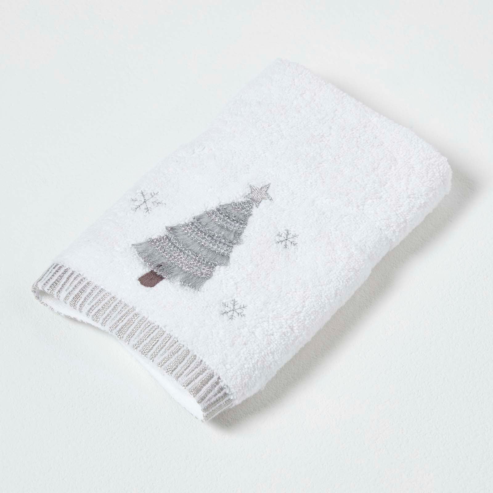 Silver Christmas Tree Embroidered 100% Cotton Hand Towel