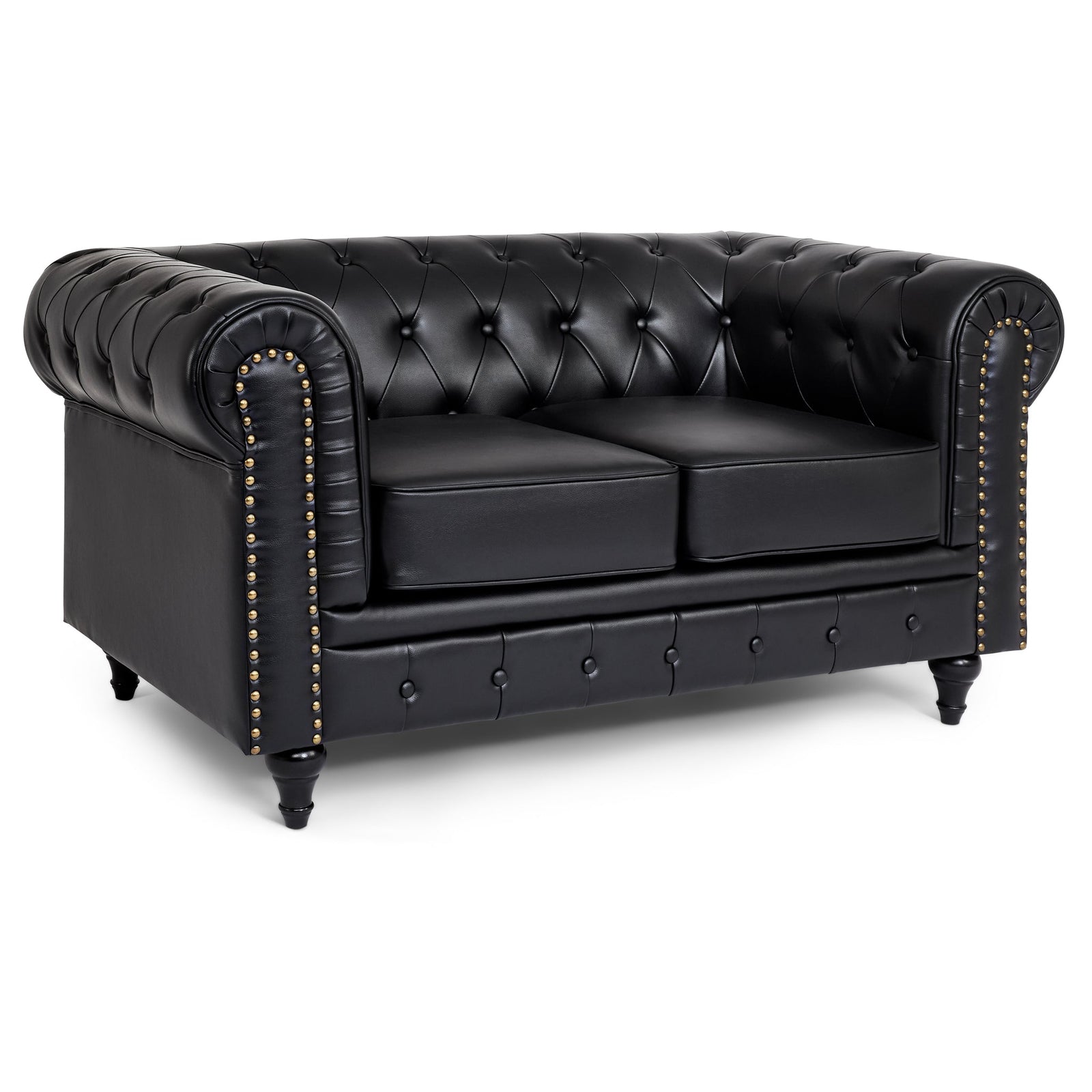 Button Tufted Faux Leather Living Room Sofa - 2 Seater | Black