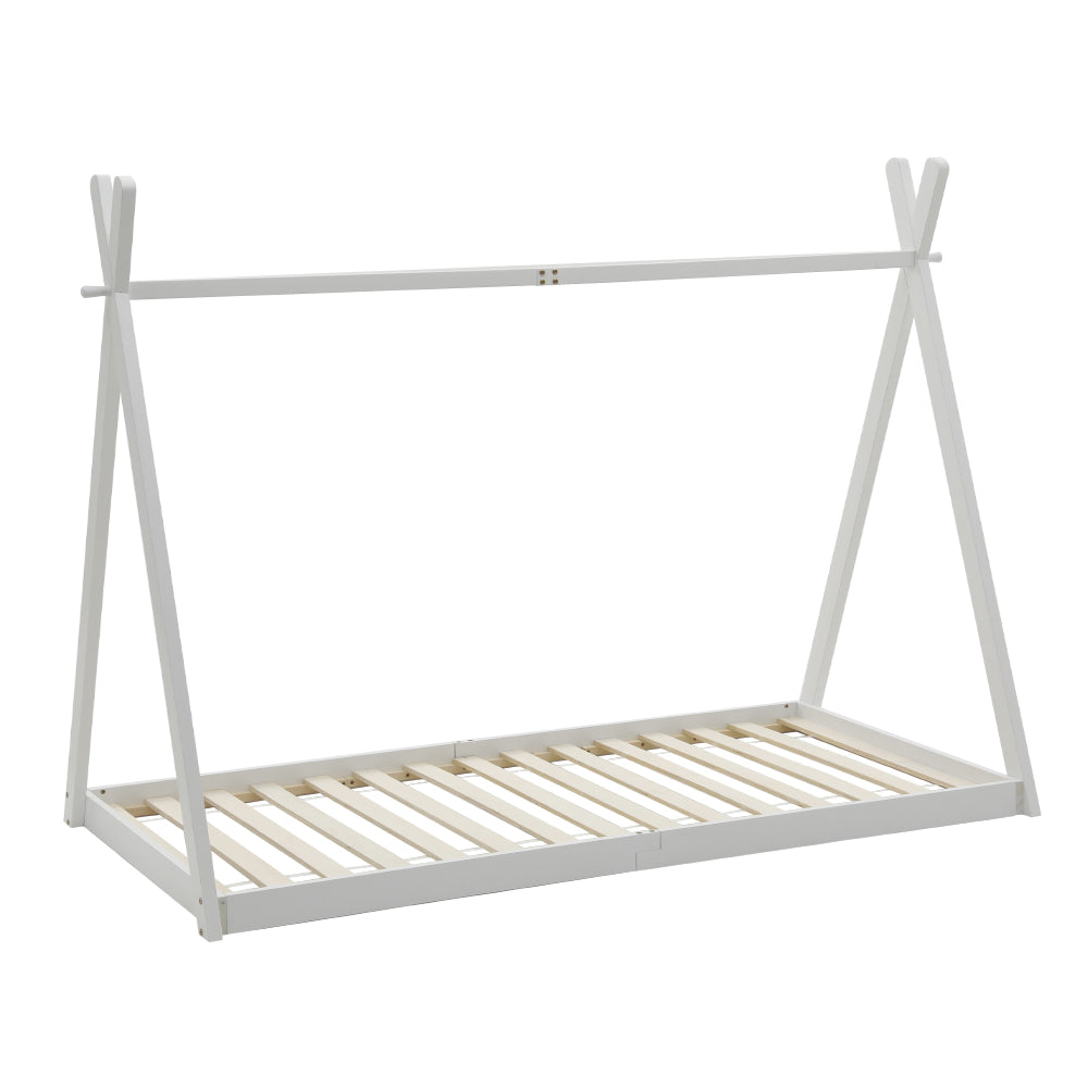 Montessori Kids House Bed Frame – 190cm X 90cm Solid Pine Wood Low Floor Bed With Triangular Roof Design, White Toddler Single Bed