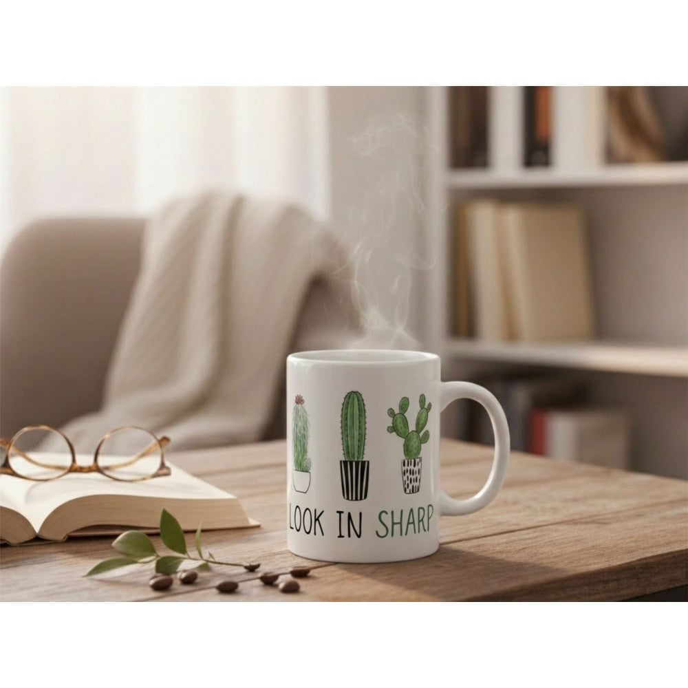 Dyzi Look In Sharp Cactus Quote Ceramic Coffee Mug White