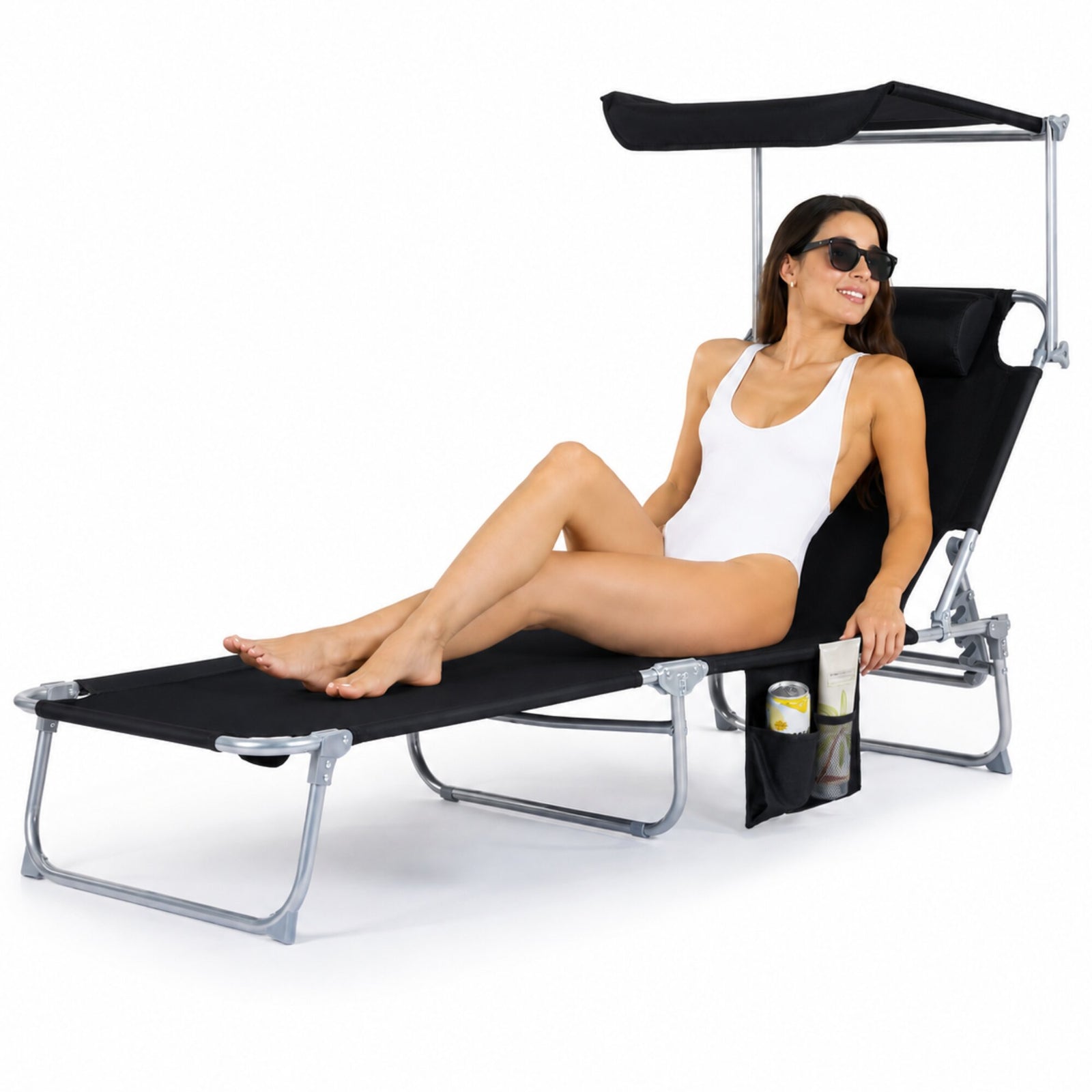 Folding Sun Lounger With Sun Shade - Black