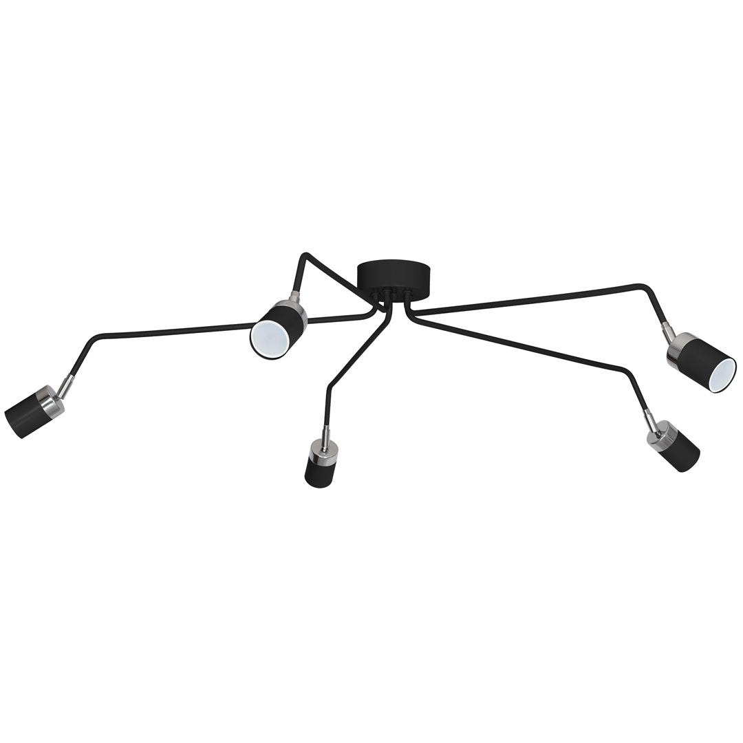 Joker Hand Made Ceiling Lamp In Matt Black With Striking Chrome Detail Featuring 5 Minmalistic Slender Cylinder Shades