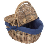 Wicker Small Antique Wash Double Lidded Oval Picnic Basket | NavyBlue
