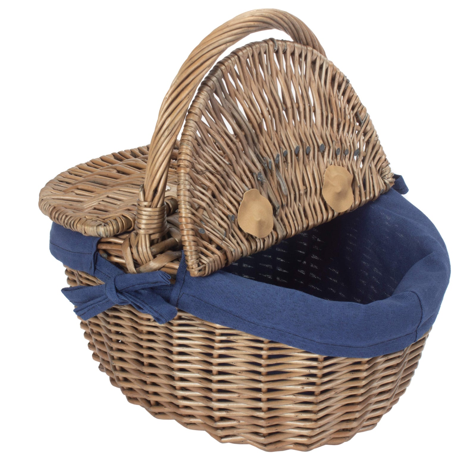 Wicker Small Antique Wash Double Lidded Oval Picnic Basket | NavyBlue