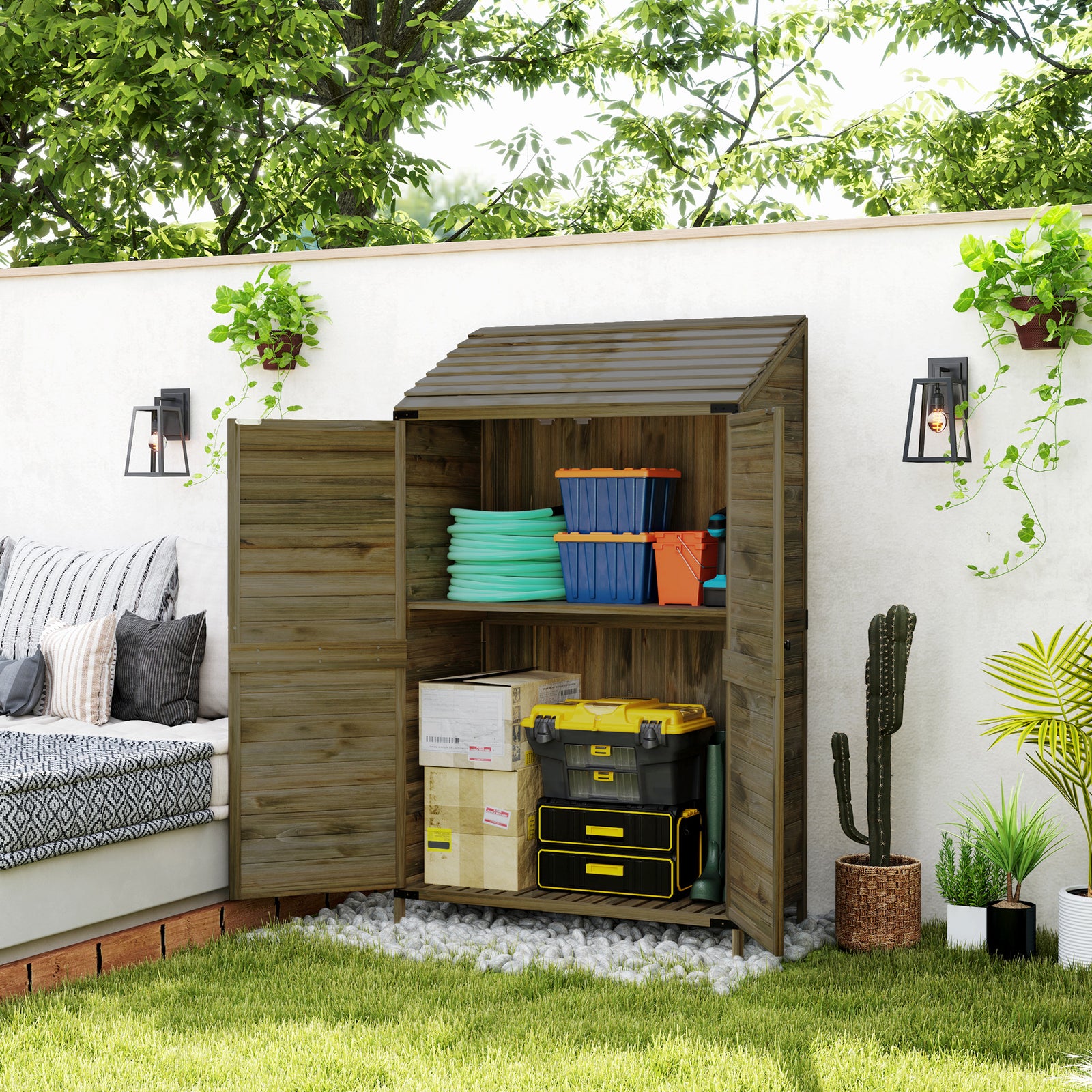 Wooden Garden Storage Shed W/double Doors And Shelves | Green