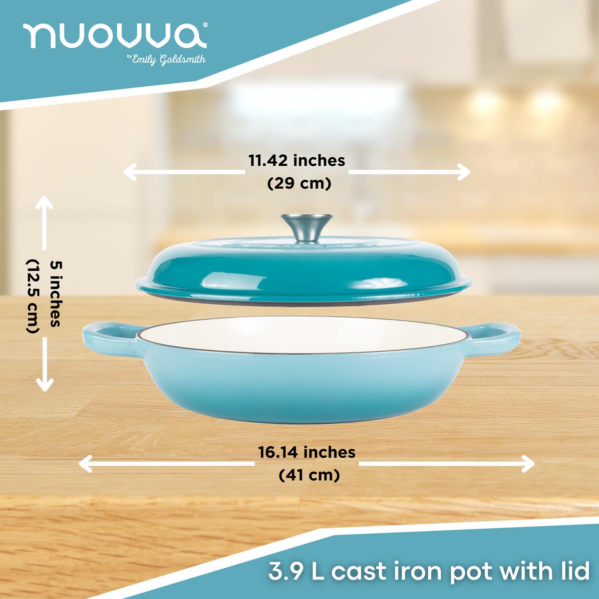 Shallow Cast Iron Casserole Pot With Lid  - 30cm , 3.7-quart | Blue