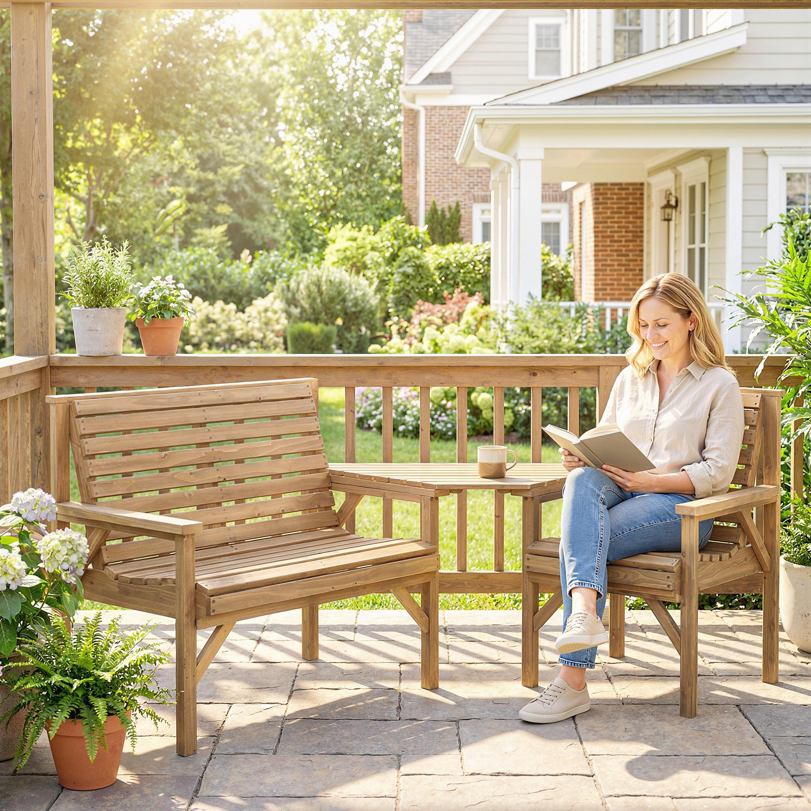 Wood Garden Furniture Set W/ Parasol Hole, Detachable Table | Natural