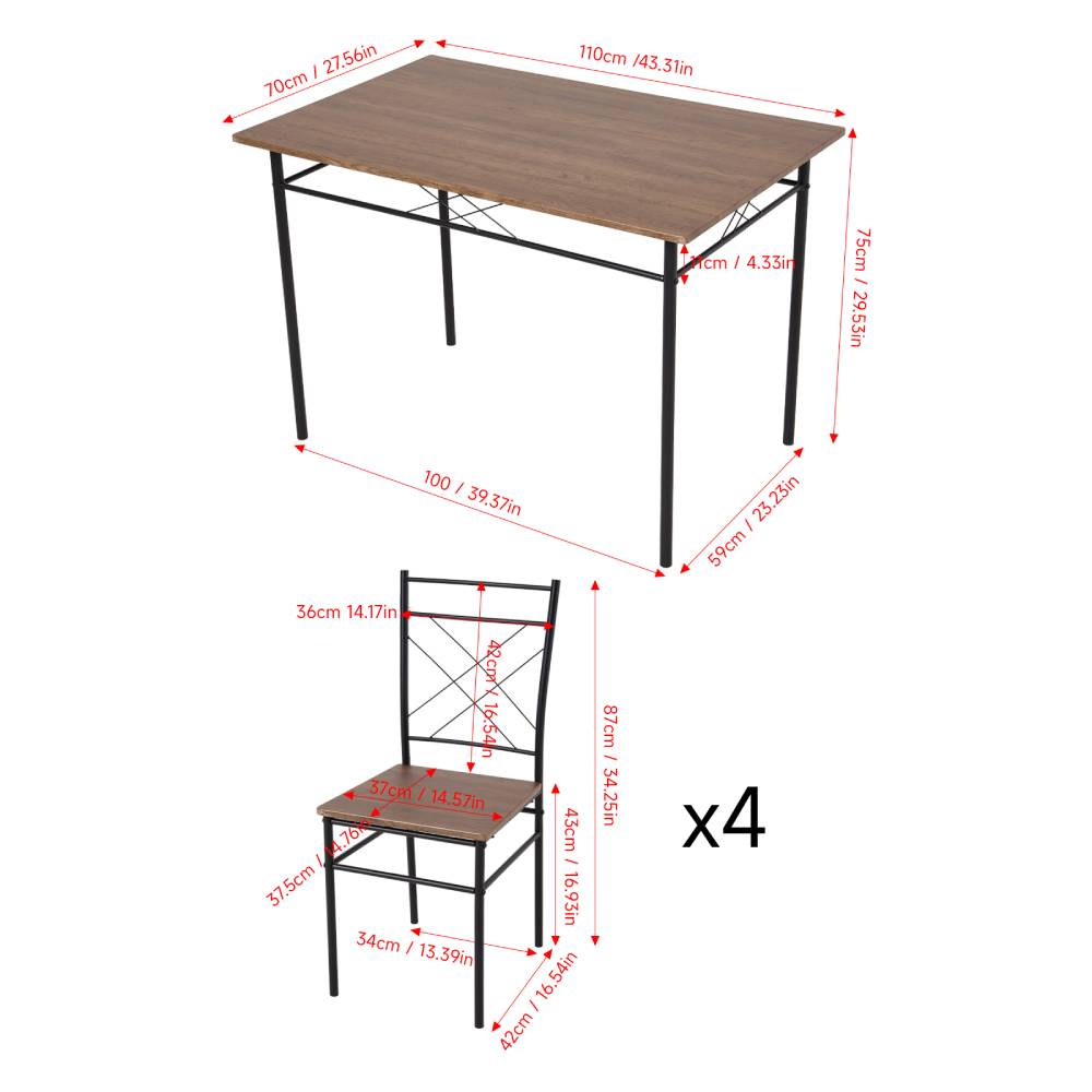 5-piece Dining Table Set With 4 Chairs, Oak Wood Grain Mdf Top & Black Metal Frame