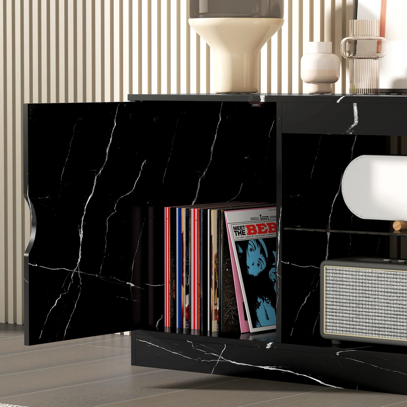 HOMCOM Marble Effect Tv Stand Cabinet With Glass Shelf For 55 Inch Tvs