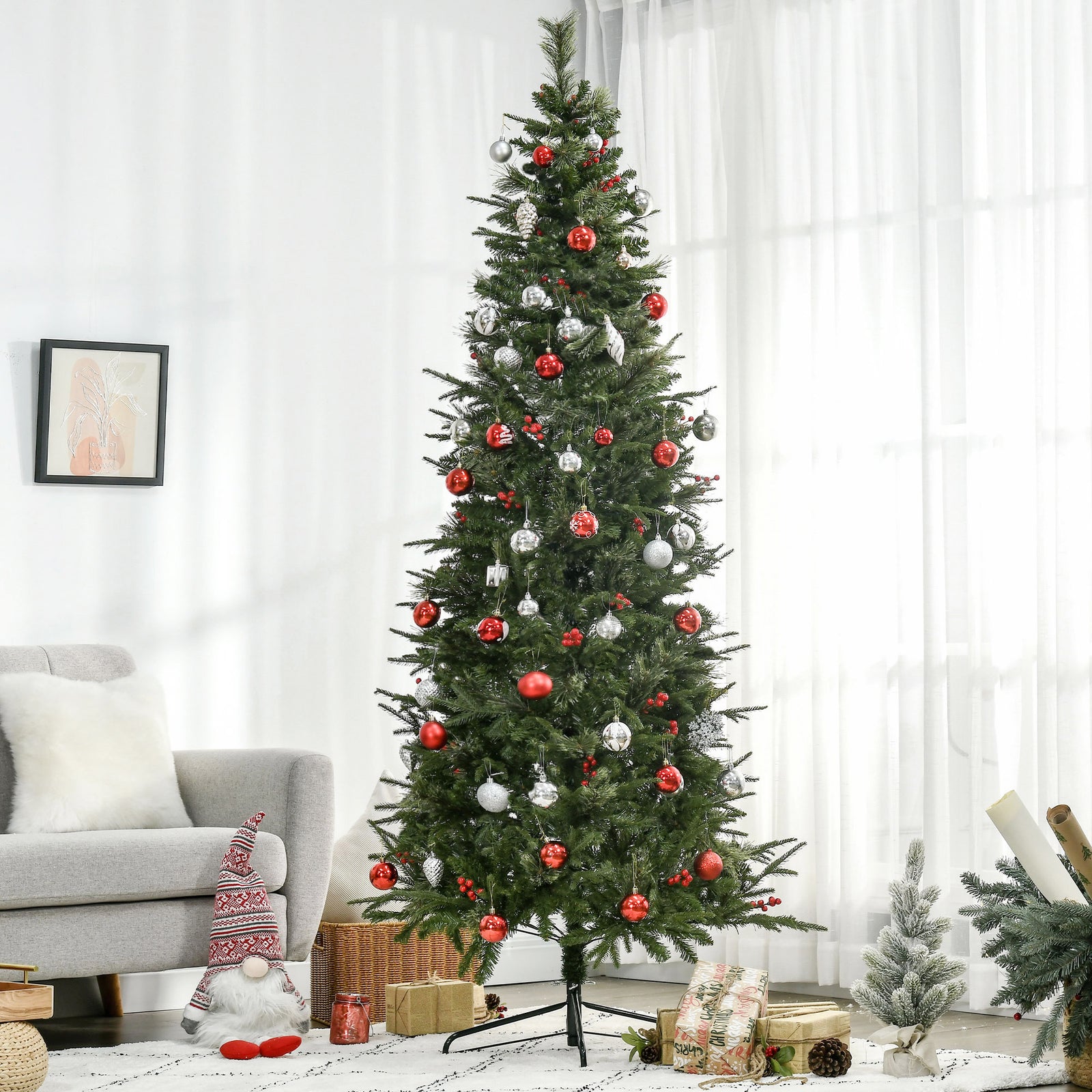 5/6/7ft Pencil Shape Christmas Tree, Berries | 7ft | Green
