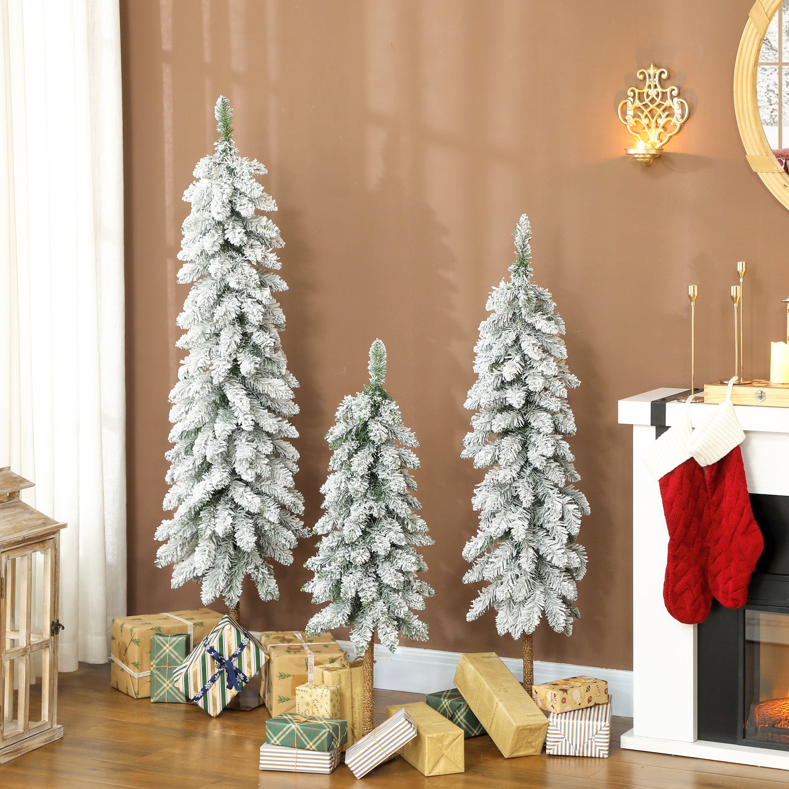 Set Of 3 Flocked Christmas Tree, Pencil Downswept Xmas Tree