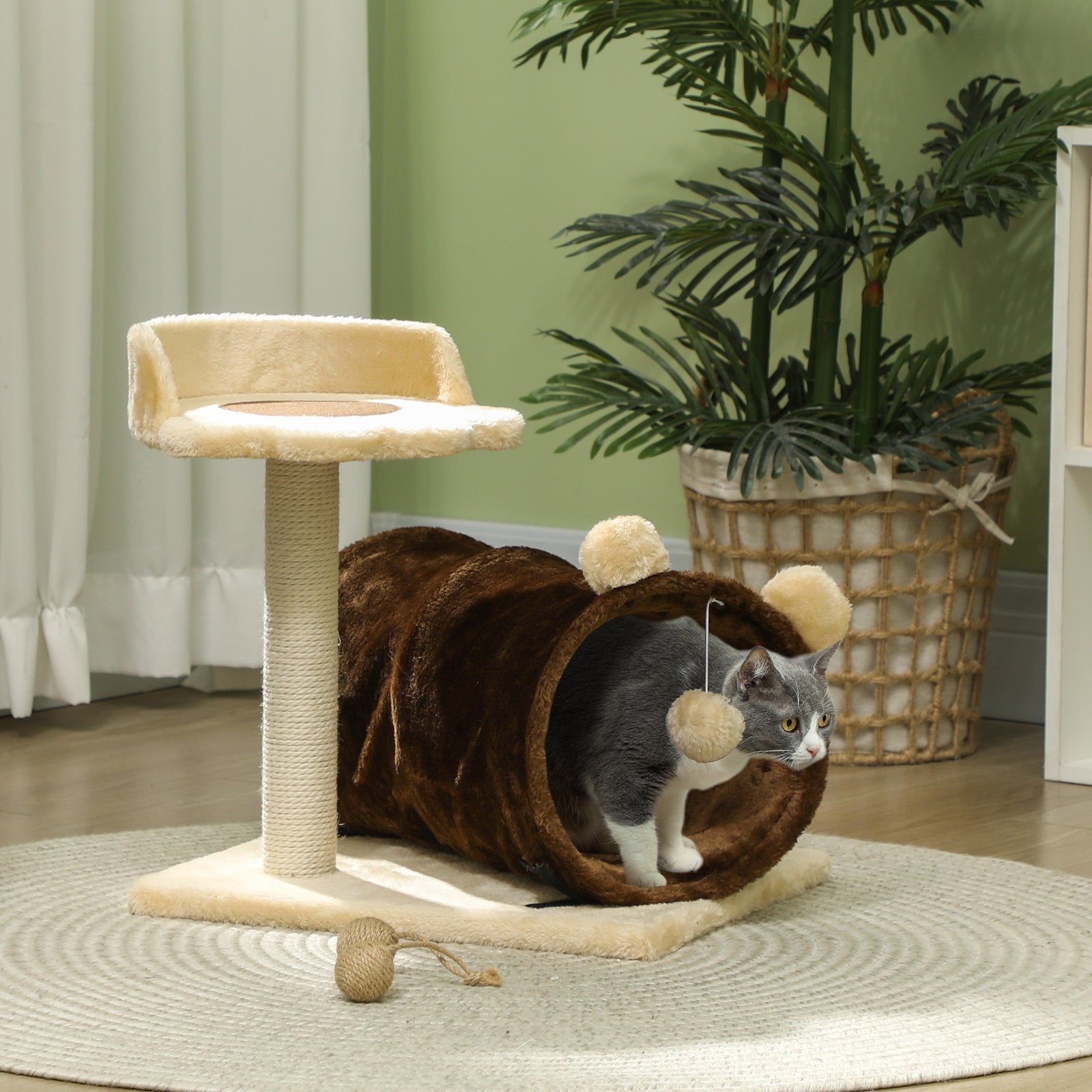 Cat Tree W/ Scratching Post, Bed, Cat Tunnel, Toy Ball | Brown