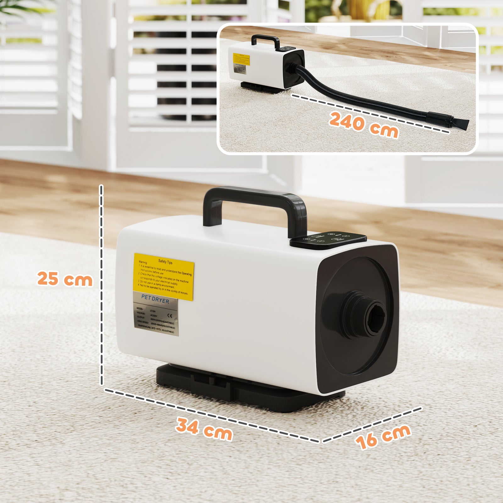 2200w Dog Hair Dryer With One-click Auto Adjustable Airflow & Temperature, White