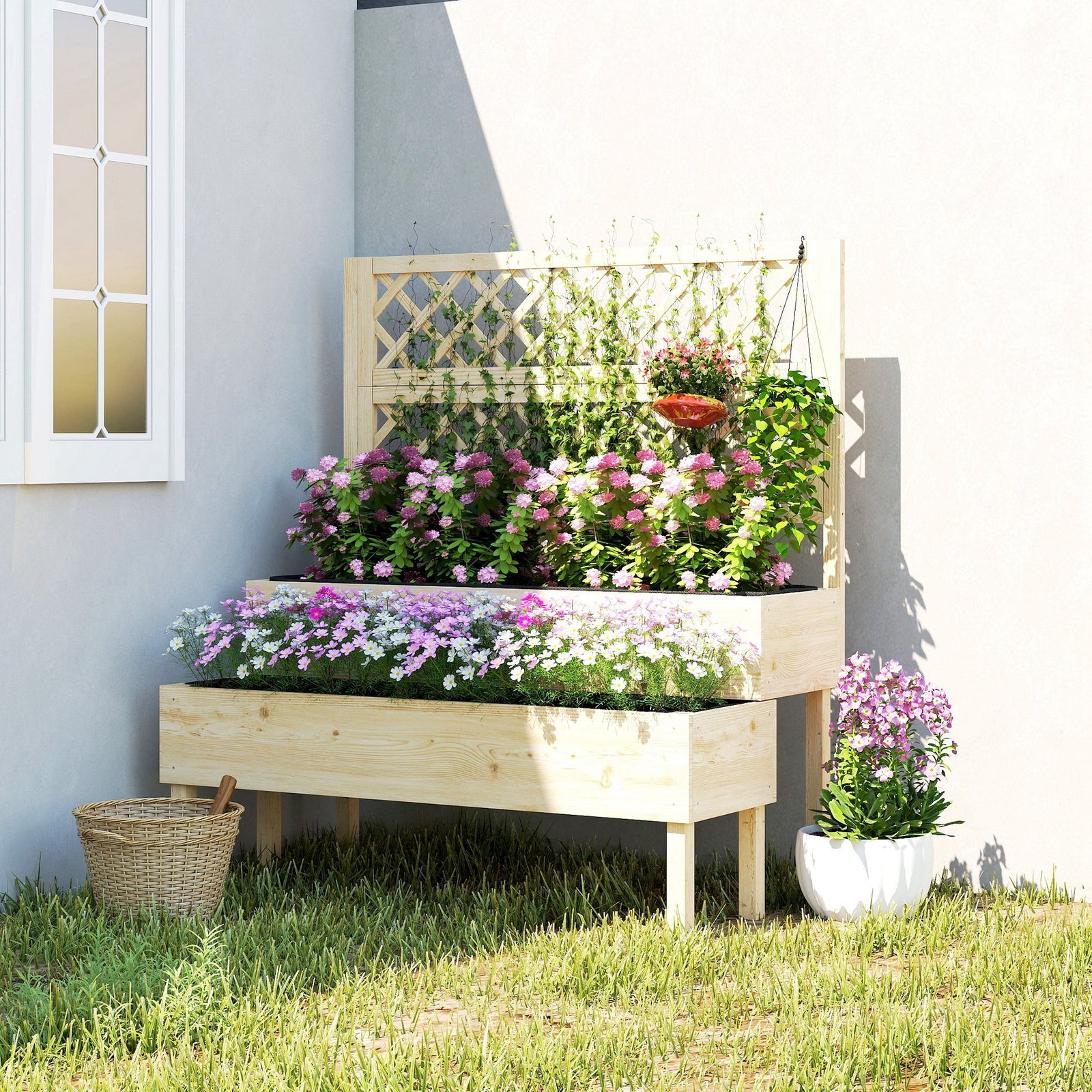 2-tier Raised Garden Bed With Trellis For Climbing Plants