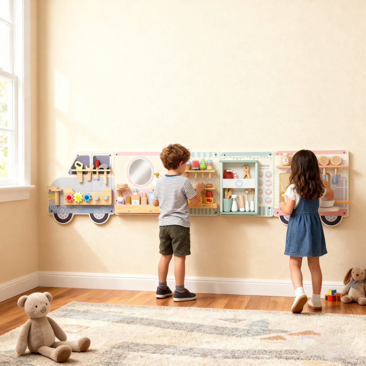 AIYAPLAY Wooden Busy Board, 5 In 1 Wall Panel Sensory Toy For Kids