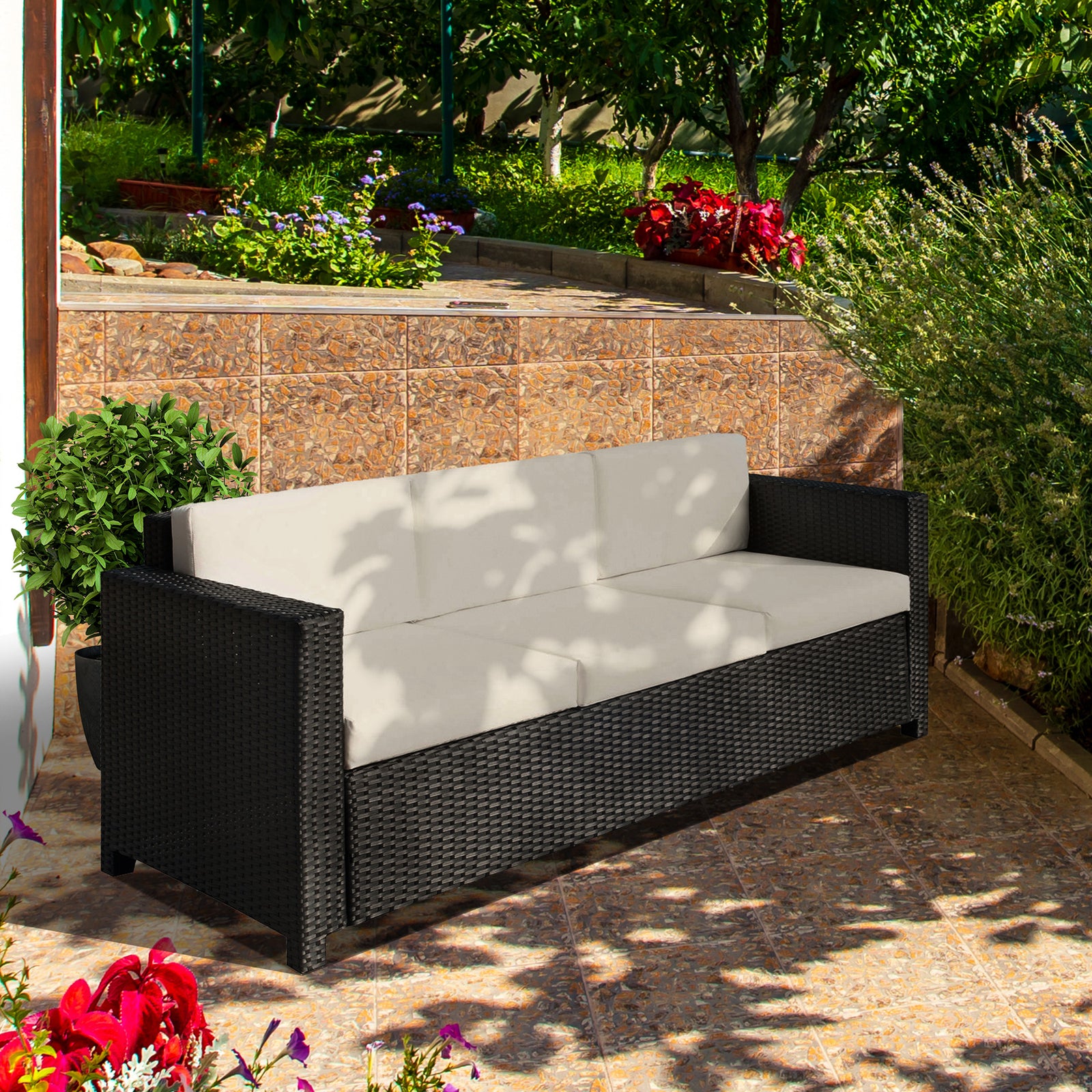 Rattan Garden Furniture Weave Wicker 3-seater Sofa W/cushion | Black