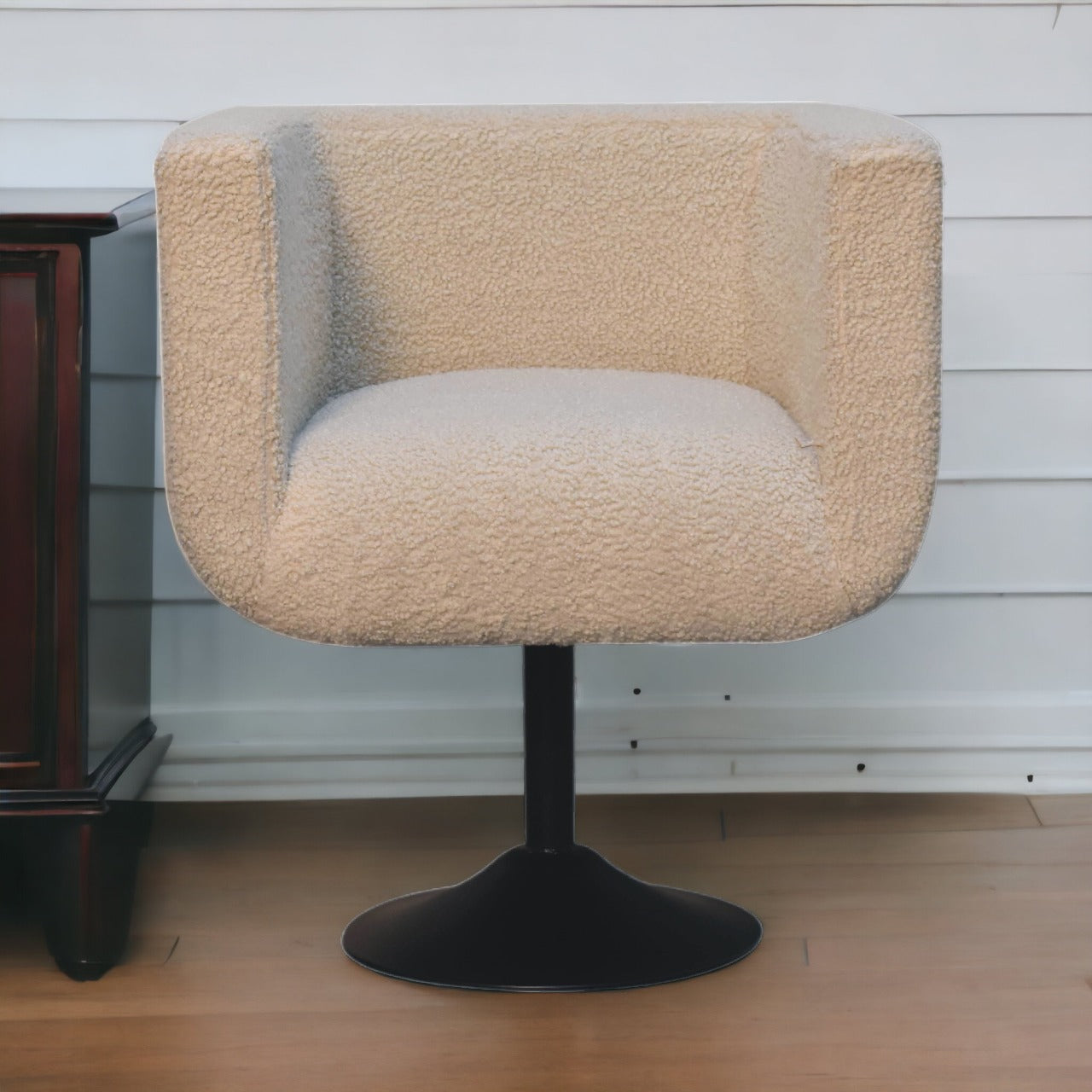 Solid Mango Wood Cream Boucle Swivel Chair