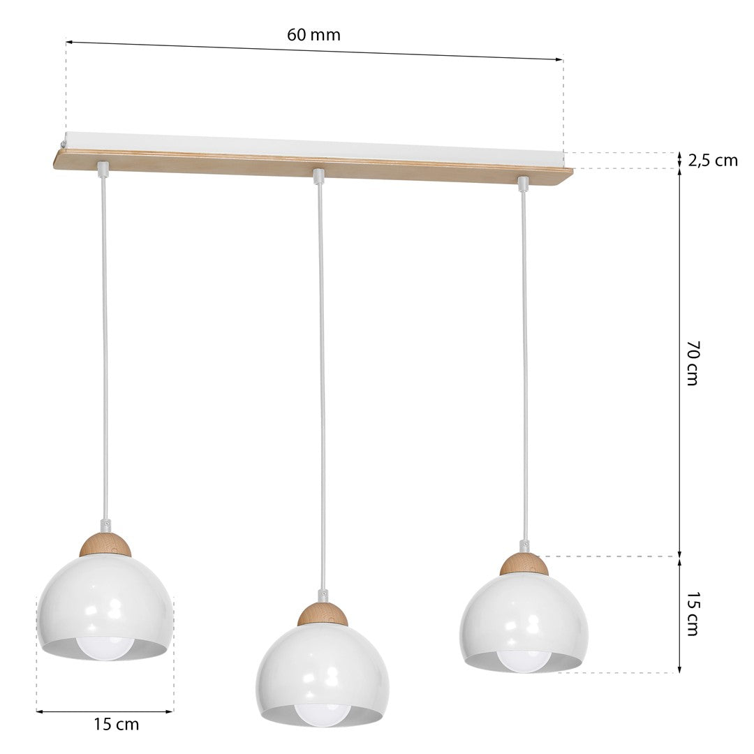 Dama White Pendant Light 3xe27 Hand Made Scandi Style Hanging Ceiling Lamp Enhanced By Natural Wood Detail