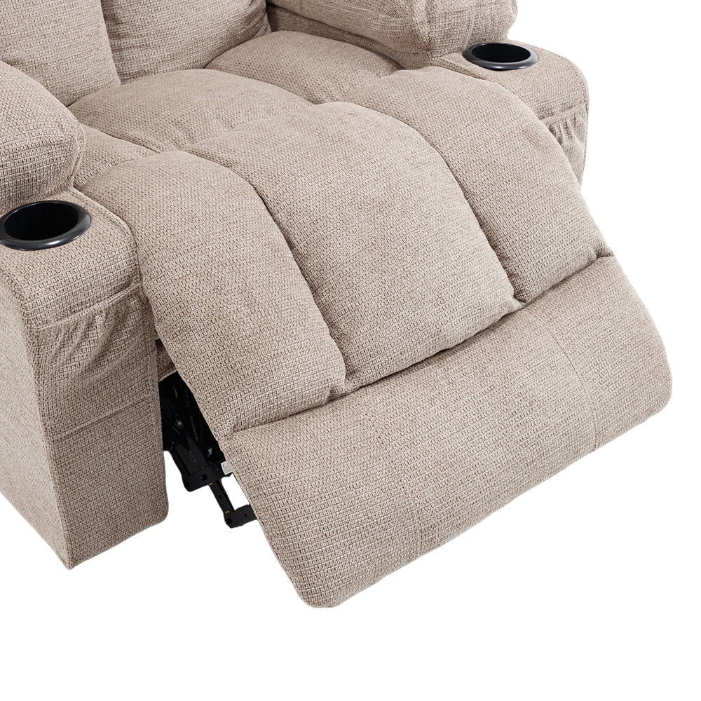Oatmeal Electric Recliner Chair, Chenille Fabric, Heat & Massage, Cup Holders & Side Pockets