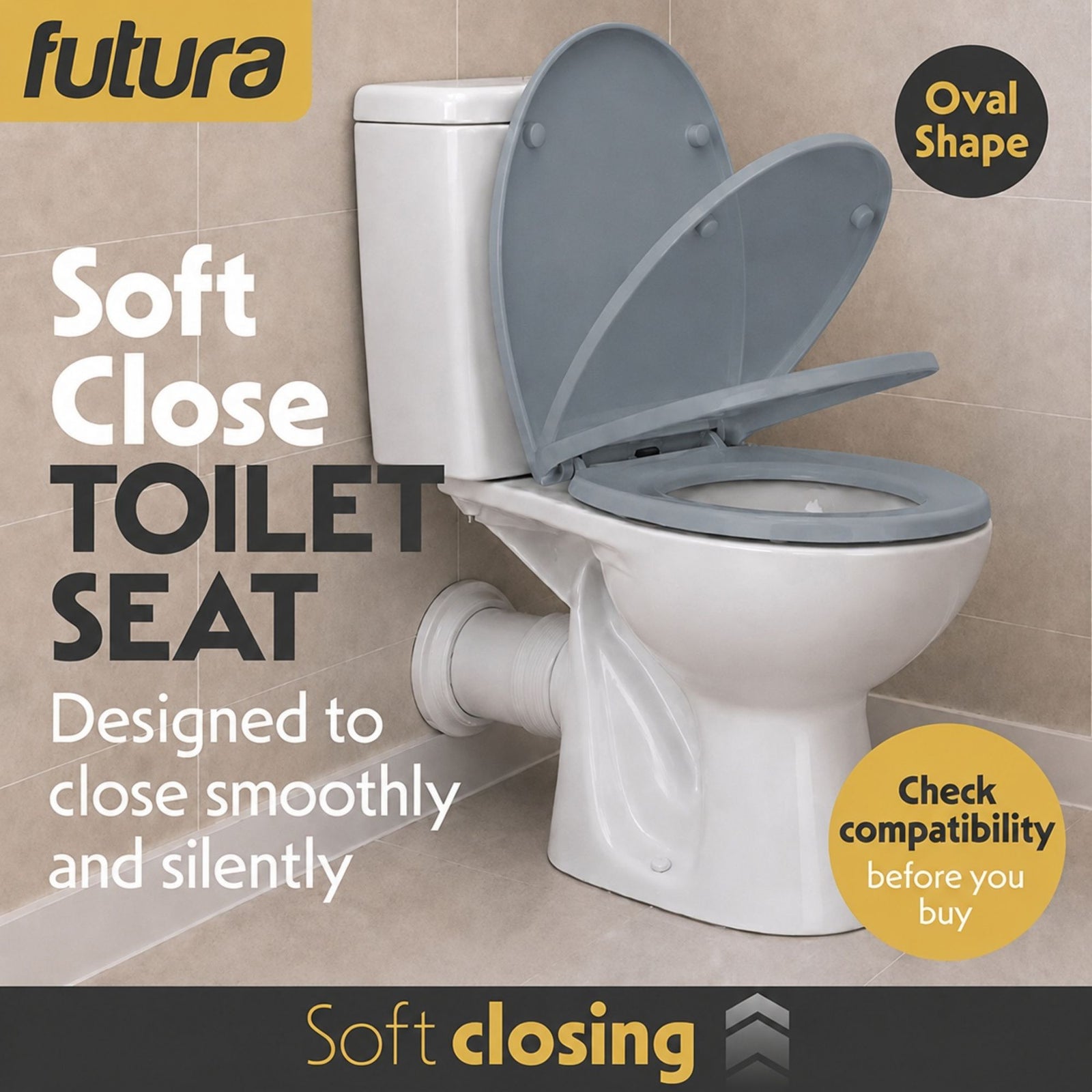 Toilet Seat Soft Close Oval Shape, Premium Thermoplastic, Quick Release, Top & Bottom Fixings | Grey