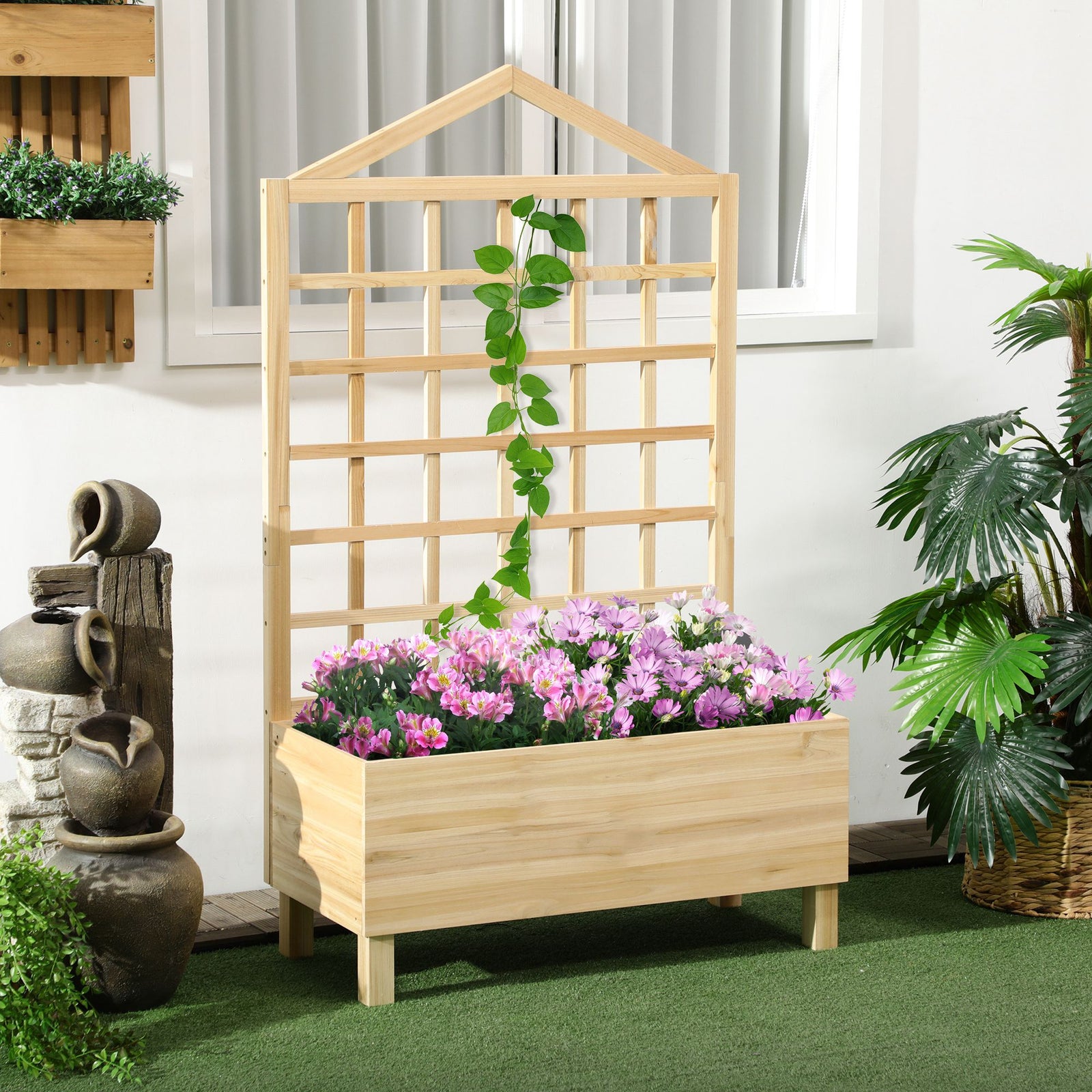 Wooden Planters With Trellis For Climbing, Natural
