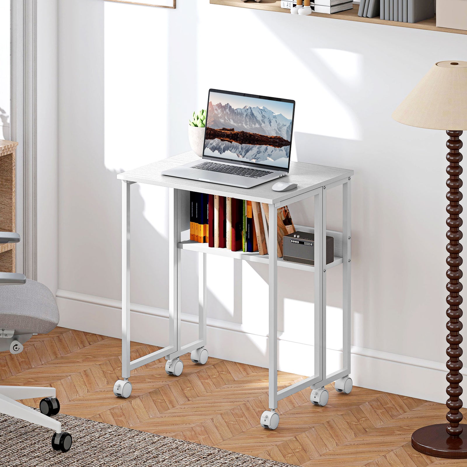 63 Cm Foldable Computer Desk On Wheels For Small Spaces | White