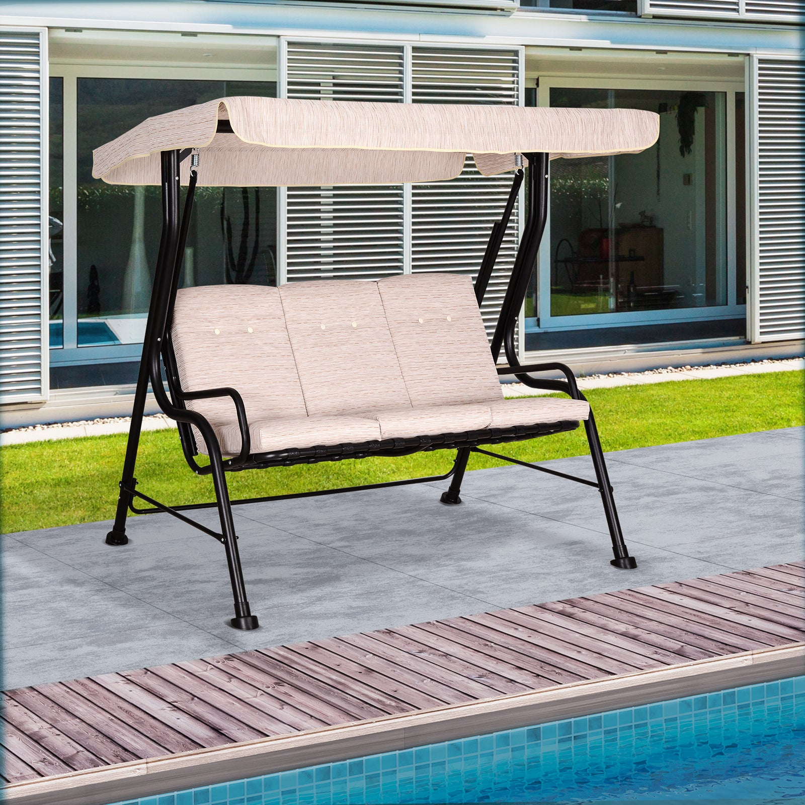 Outdoor 3-person Garden Metal Padded Porch Swing Chair Bench | Beige