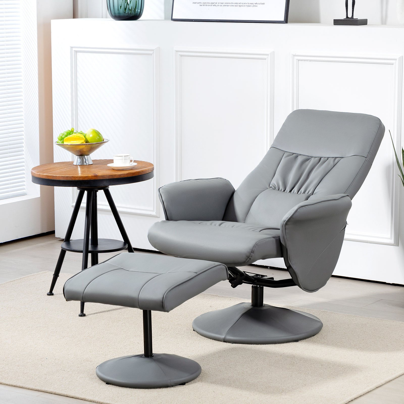 Pu Leather Armchair And Footrest Swivel Recliner W/ Ottoman | One Size | Light Slate Grey