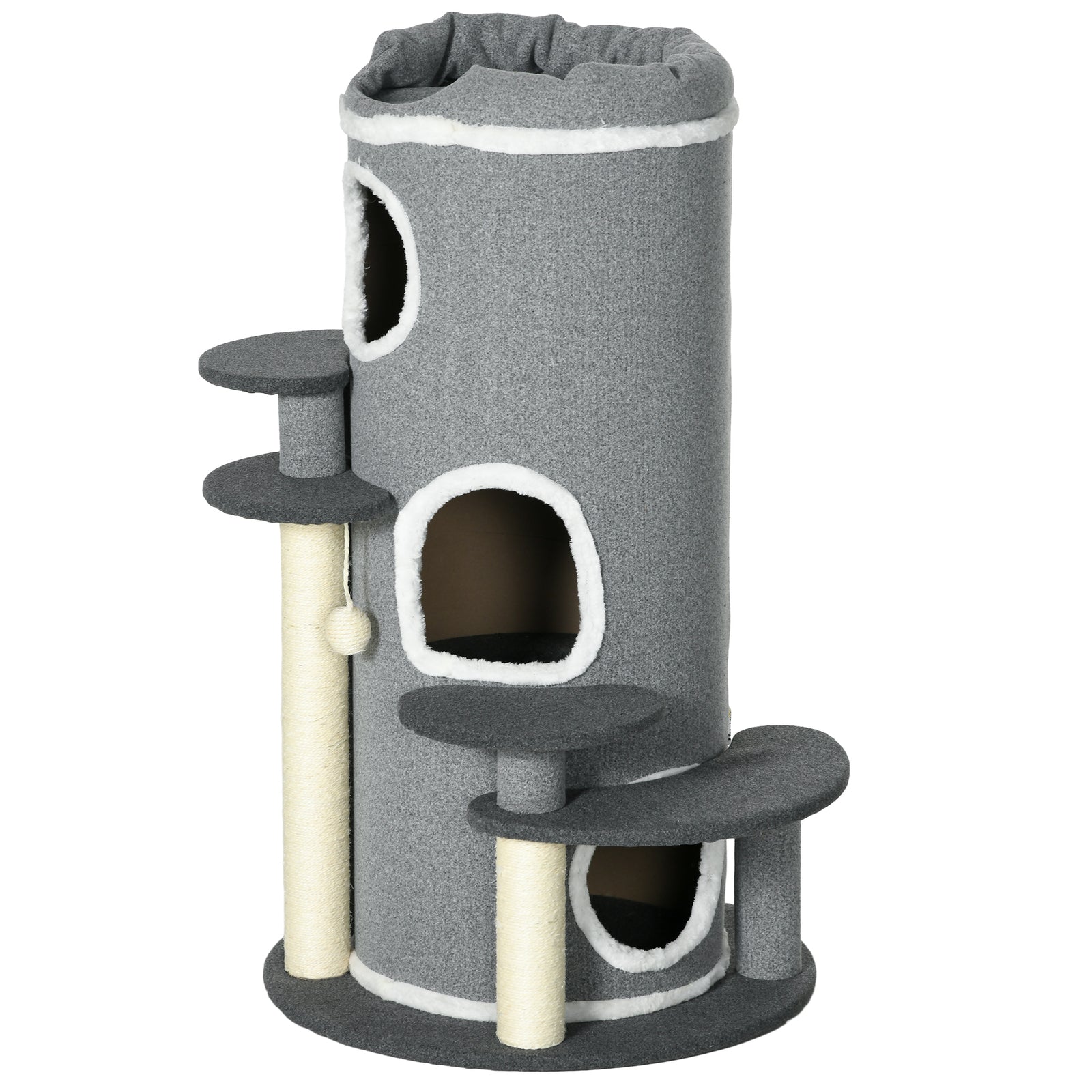 Barrel Shaped Cat Tree For Indoor Cats With Sisal Scratching Posts, Grey