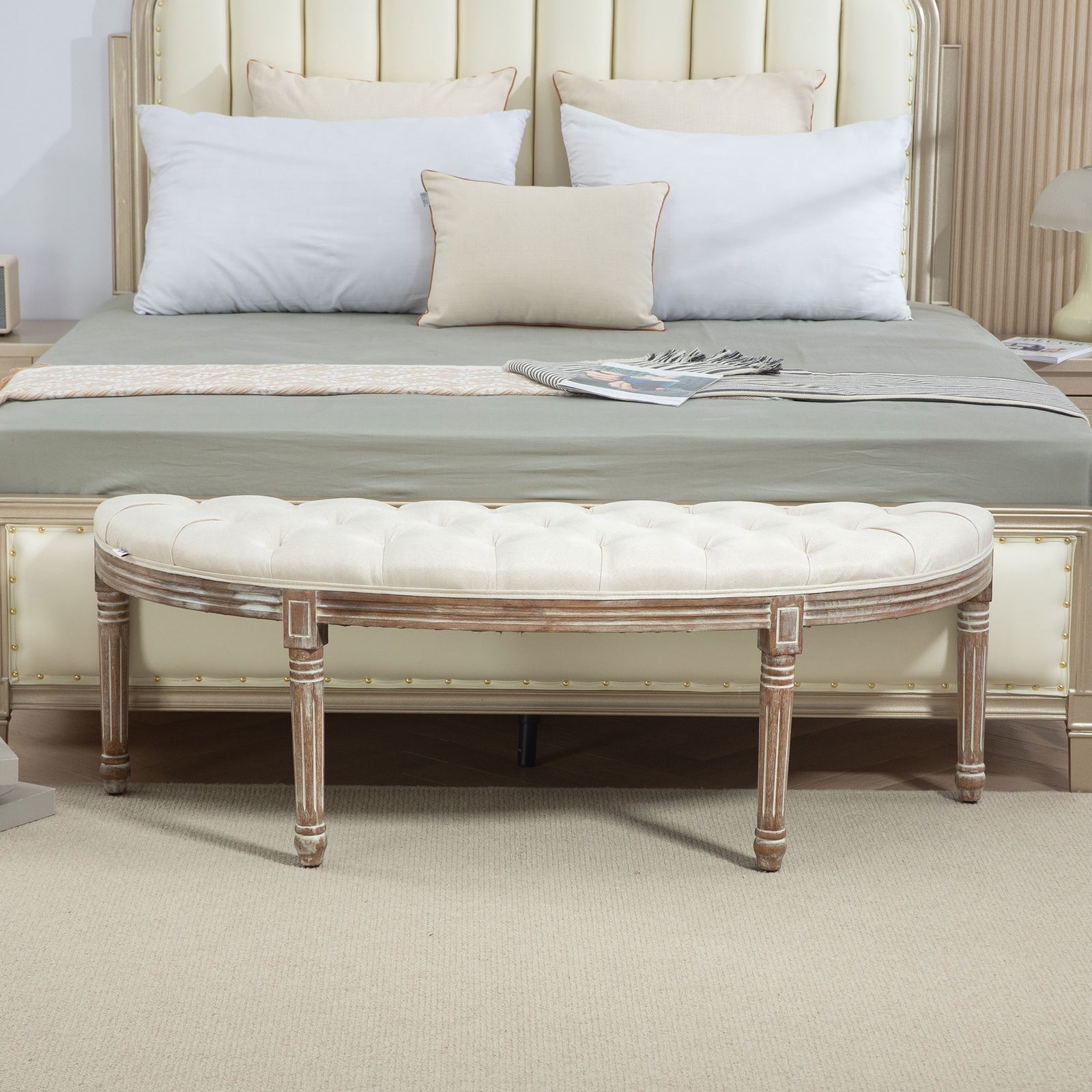 Half-circle End Bench Ottoman Footstool Button Tufting