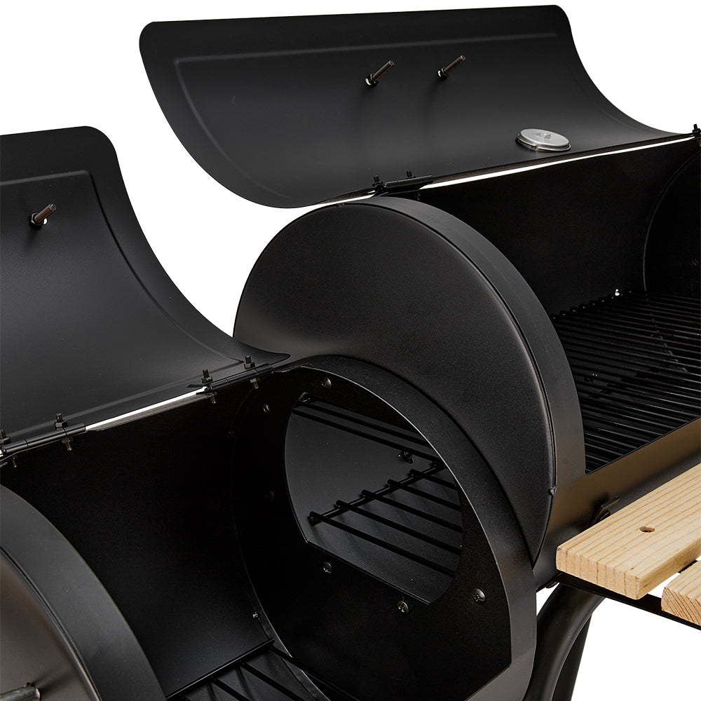 Outdoor Charcoal Bbq Smoker Grill With Side Fire Box, Built-in Thermometer, Wooden Prep Shelves, Storage Rack And Wheels