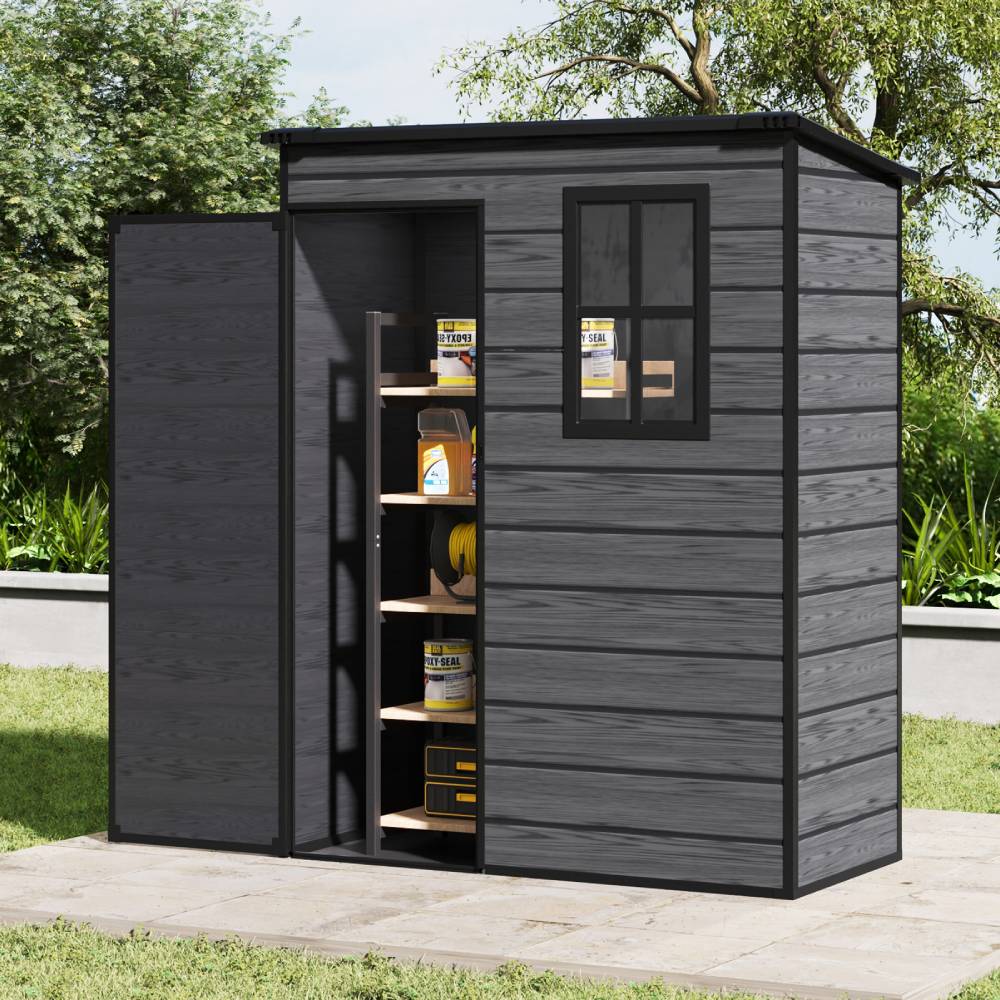 5x3ft Outdoor Plastic Storage Shed With Floor & Window, Lockable, Wood Grain Design
