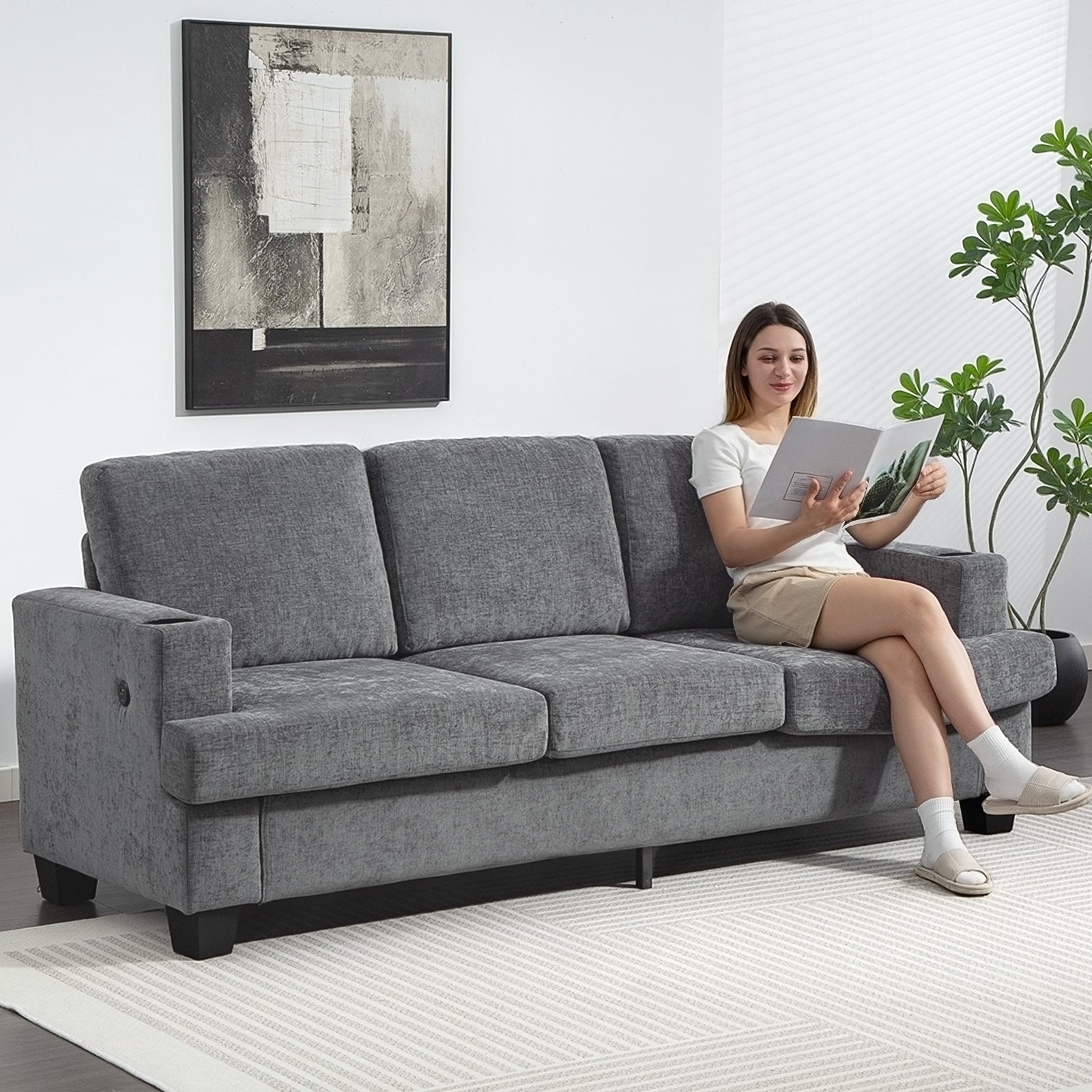 3 Seater Sofa, Fabric Sofa With Usb Ports And Cup Holders | Grey