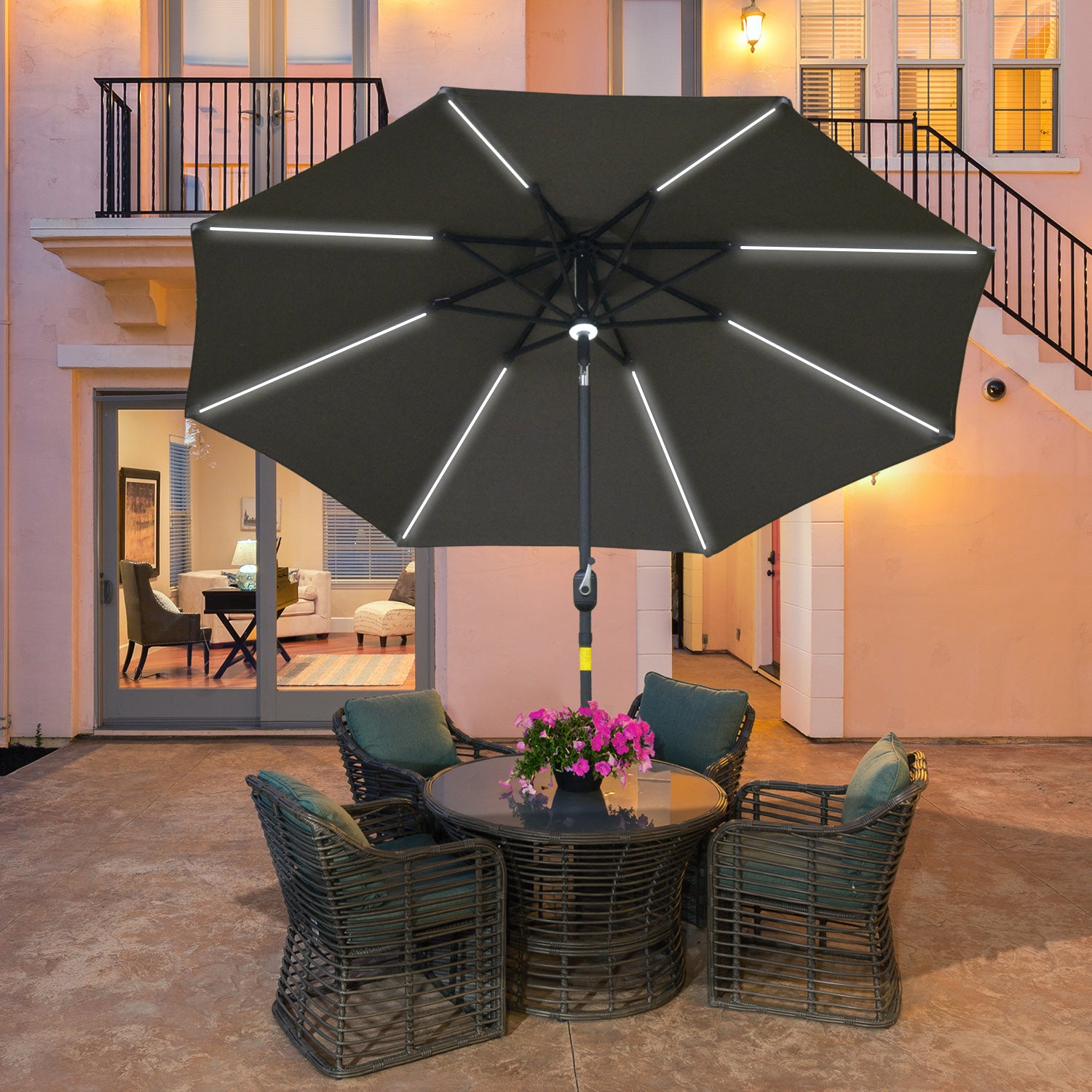 2.7m Parasol W/ Led Solar Light & Angled Canopy