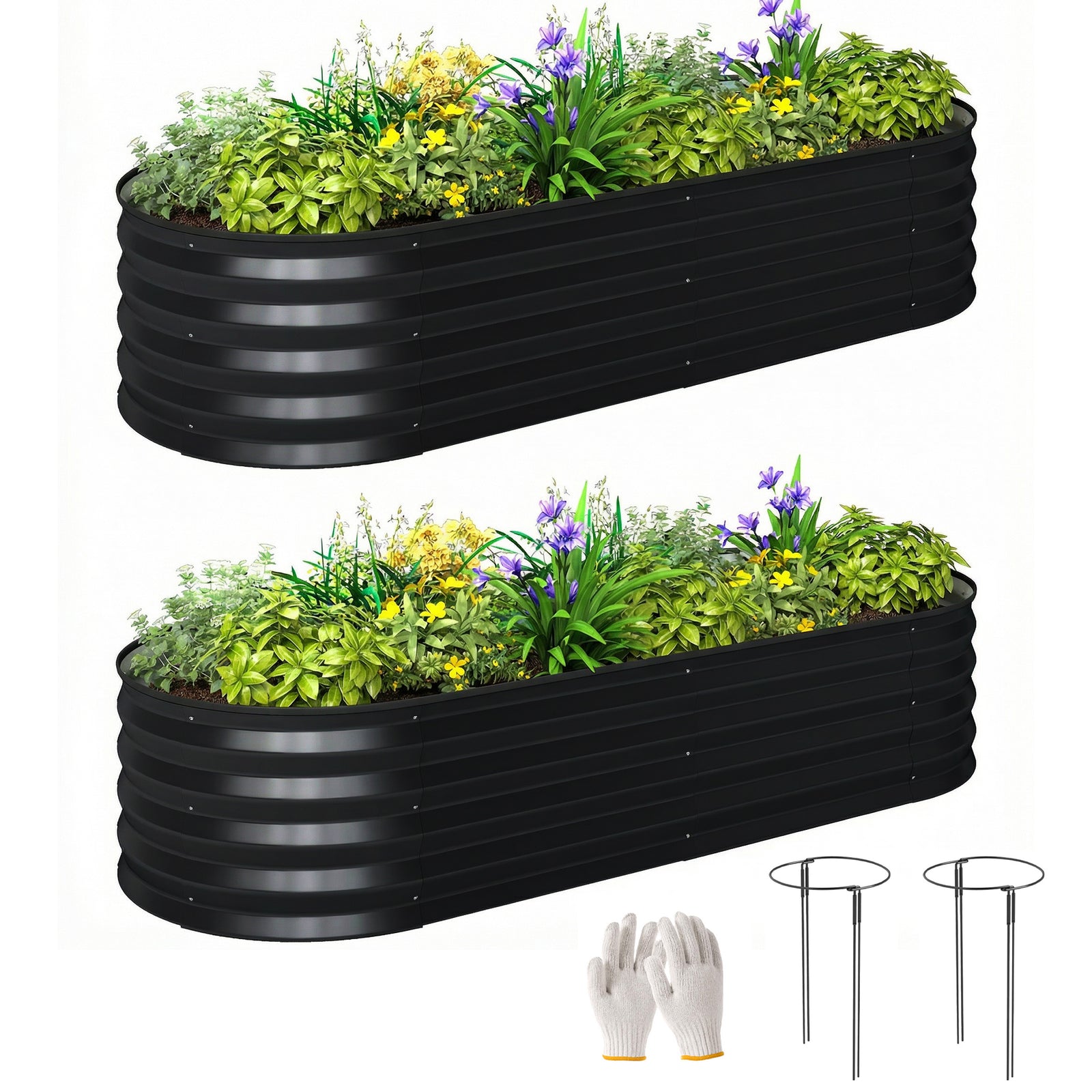 Raised Beds For Garden With Metal Plant Stakes | Set-of-2 | Dark Grey