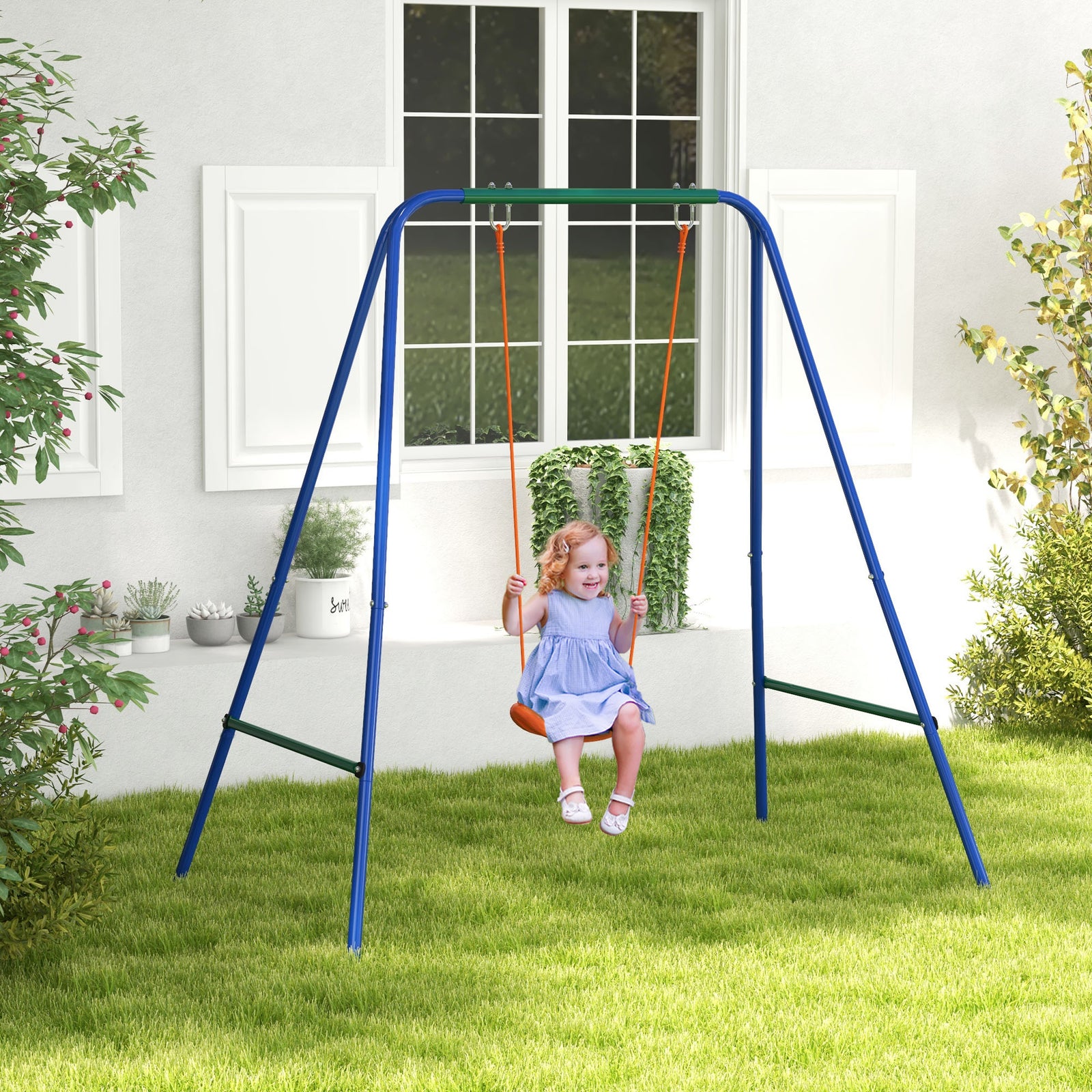 Garden Swing Set For Toddlers W/ Safety Belt - Orange And Blue