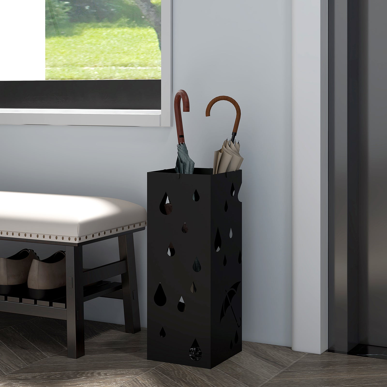 Metal Umbrella Stand, Square Umbrella Basket With 4 Hooks | One Size | Black
