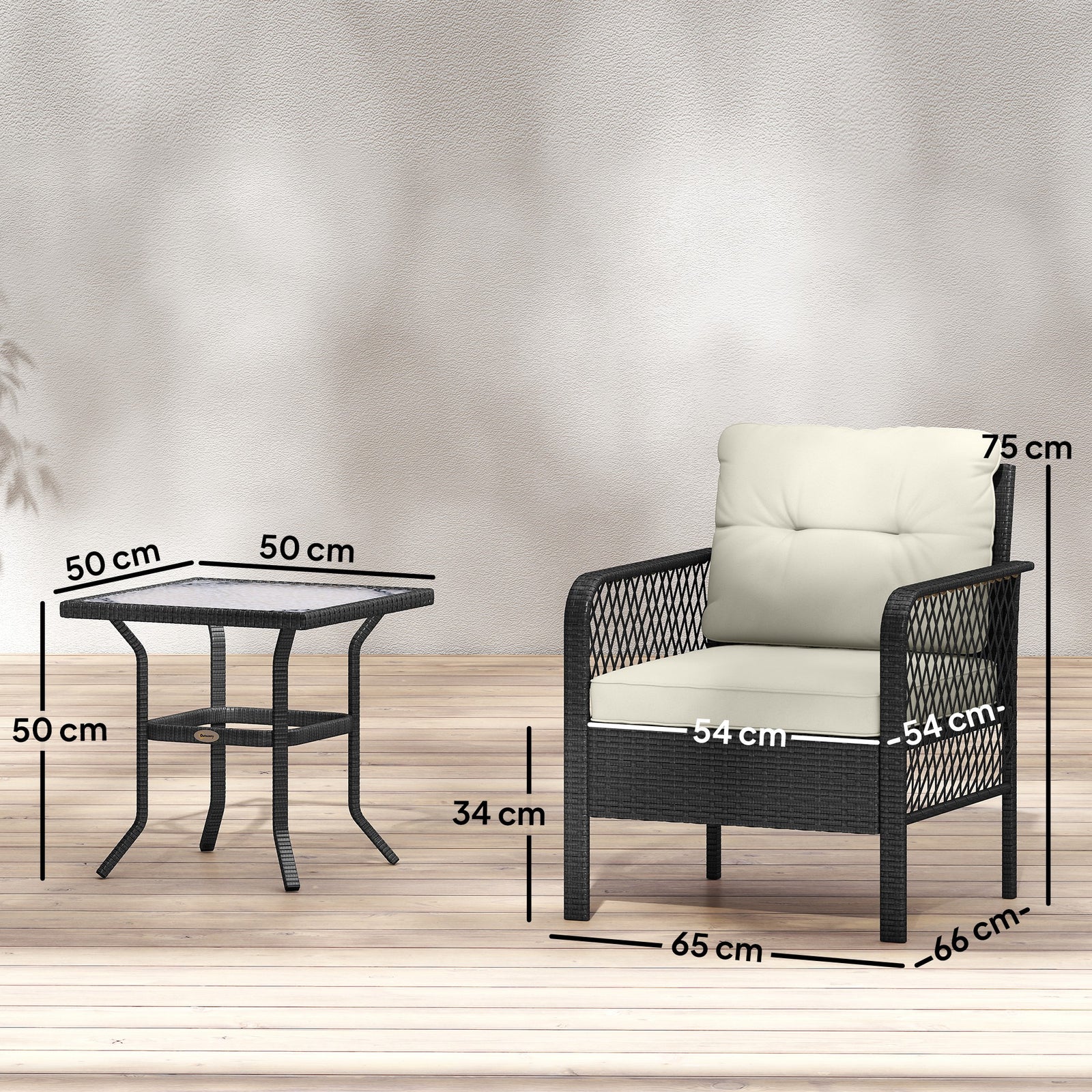 3 Pieces Rattan Bistro Set With Tempered Glass Table | Cream